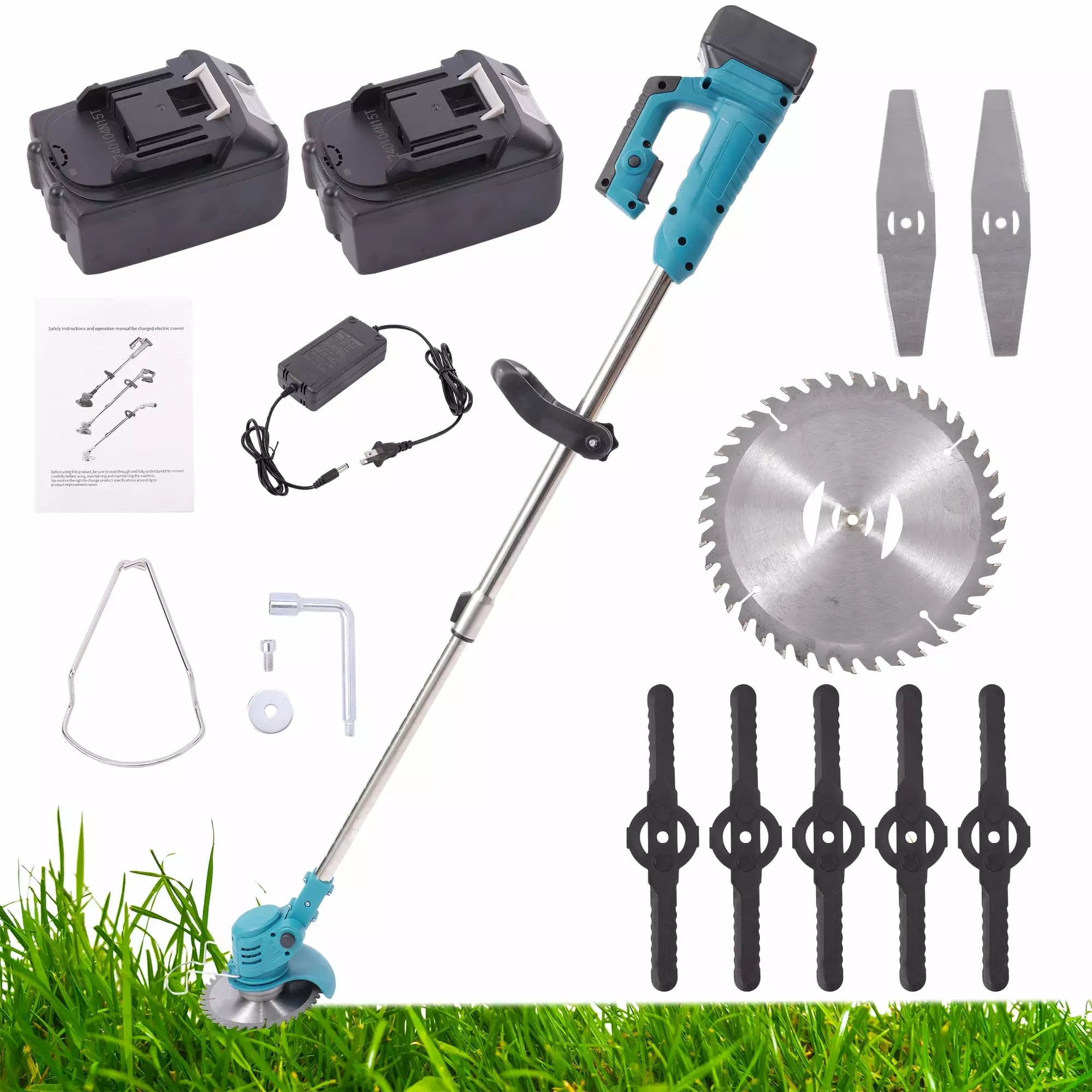 24V Electric Lawn Mower Travel-friendly Cordless Weeder Lawn Mower Home Garden Trimming Pruning Machine with 2 Batteries