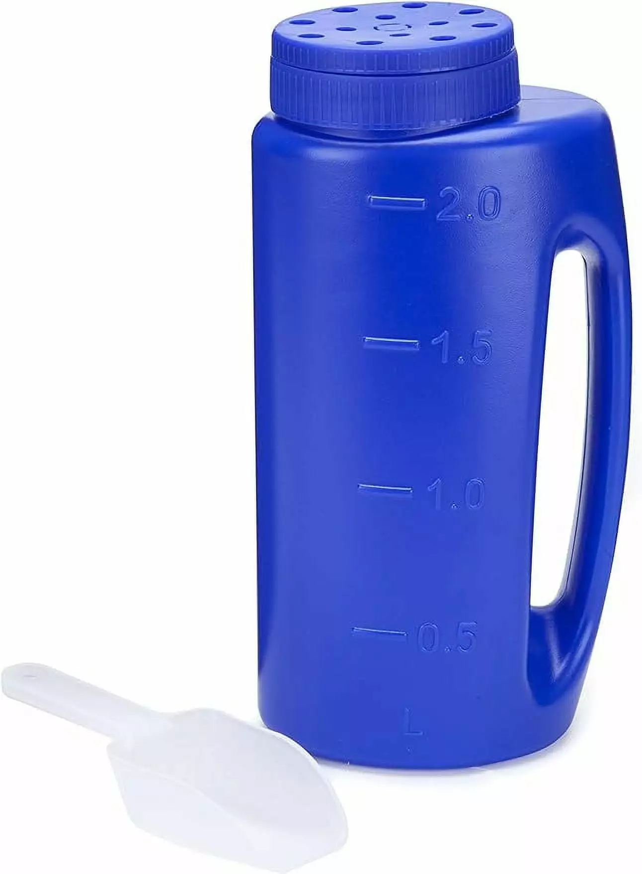 2L (70 oz) Hand Held Spreader in Blue with White Shovel. adjustable Hole Size for Seed. Fertiliser. Salt to Deice or Any Size Granule