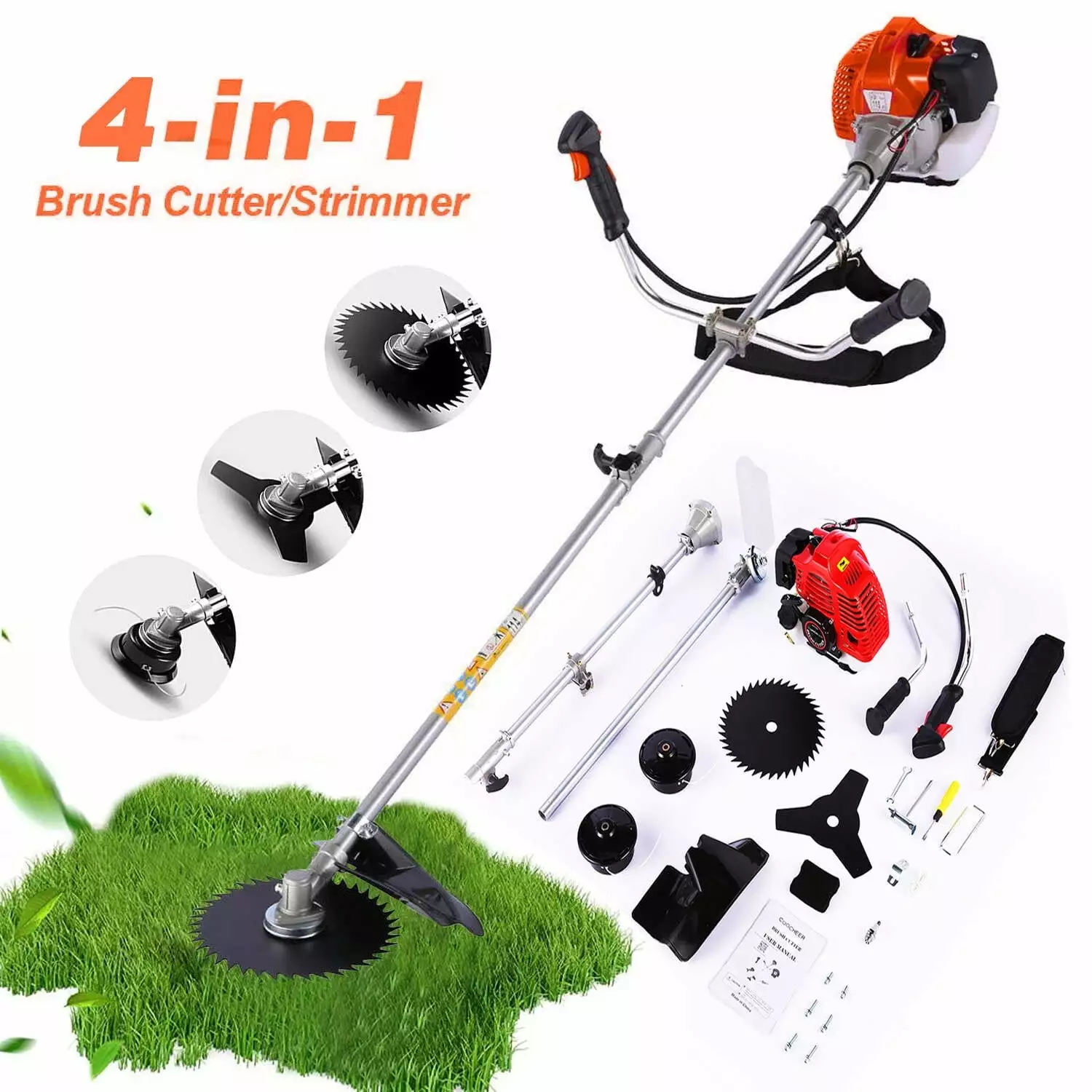 58CC Weed Wacker 4 in 1 Gas Powered 2-Cycle Gas Weed Eater with 4 Detachable Heads. 18 Adjustable Straight Shaft Wireless String Trimmer for Garden. Red