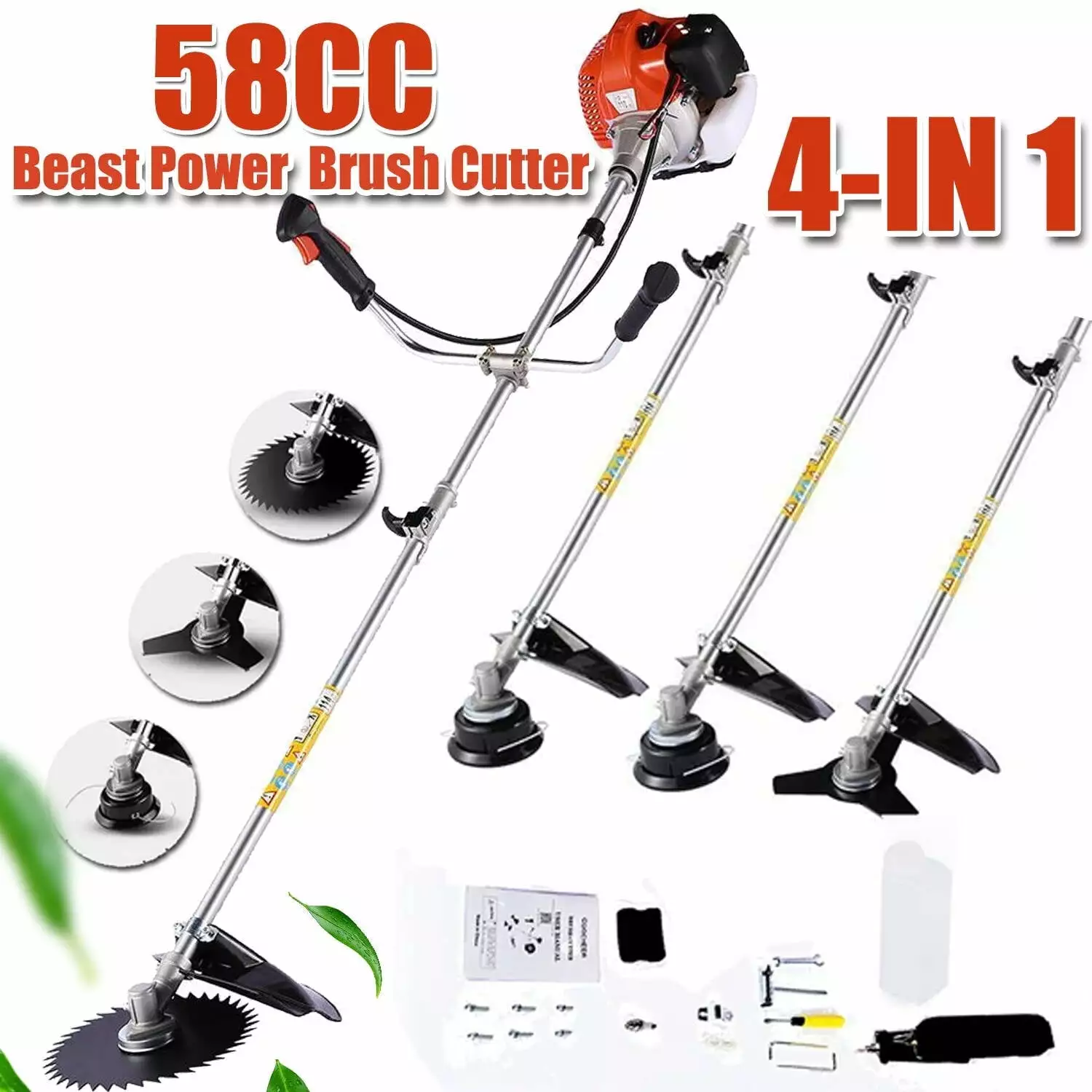 58CC Weed Wacker Gas Powered 4 in 1 Gas Weed Eater. String Trimmer with 4 Detachable Heads Straight Shaft 2-Cycle Gas Trimmer for Lawn & Garden. Orange & Red