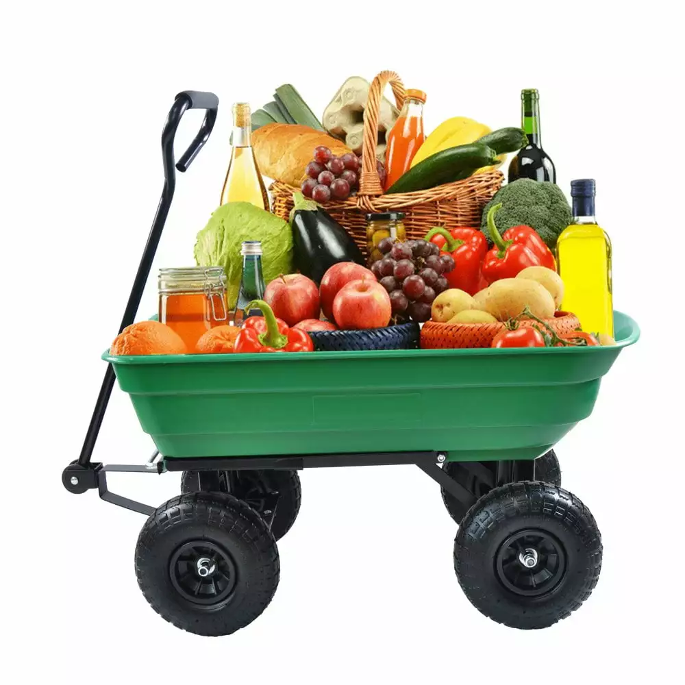 Gzxs Garden Dump Cart Utility Yard Outdoor Wagon Carrier Trolley Tool with Metal Frame Pneumatic Tires 300lbs Capacity. Green