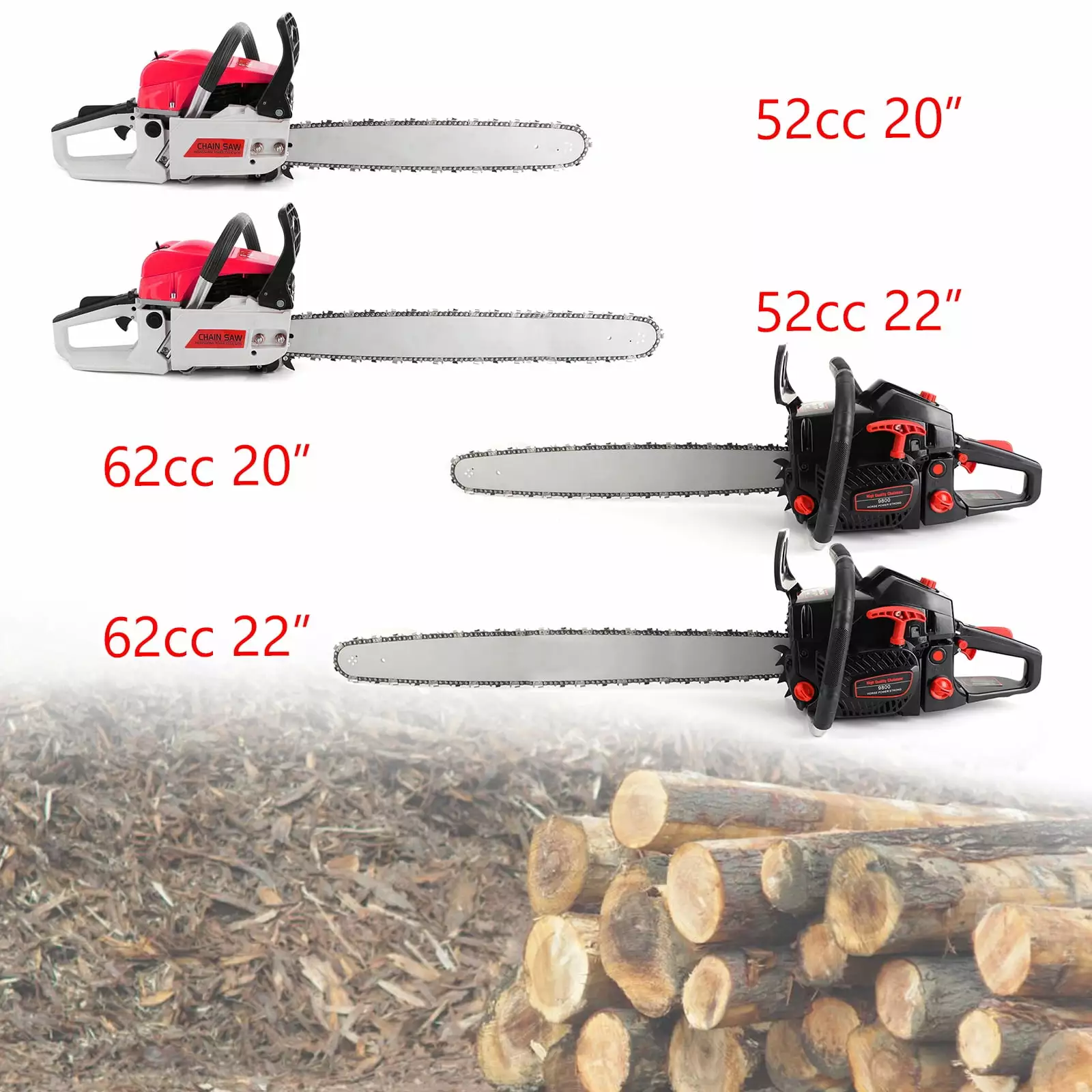 52cc/62cc Chainsaw 20/22 Bar Powered Engine 2 Cycle Gasoline Chain Saw