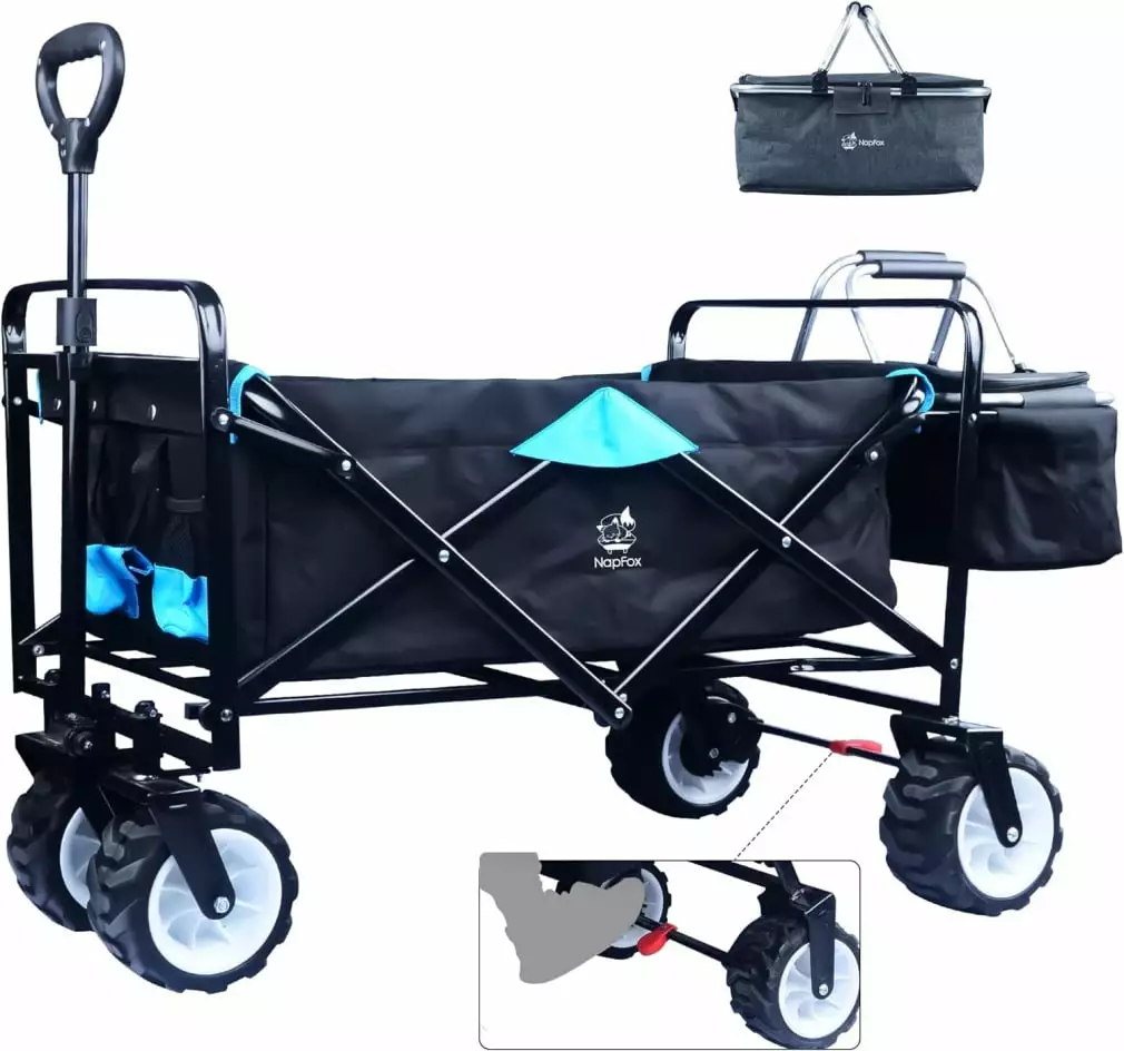 90L Wagons Carts Foldable for All Terrain. Travel-friendly Beach Wagon with Cooler Bag. 350LBS Capacity Grocery Shopping Cart with Off-Road Wheels for Sand. Lawn. Black & Blue