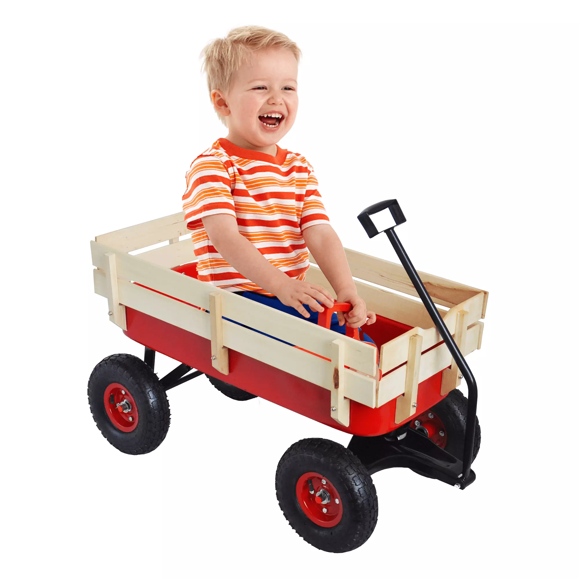 Outdoor Wagon All Terrain Utility Kids Wagon Carts with Wood Railing Air Tires Foldable Handle . Garden Carts with Wheels for Children Garden. Red