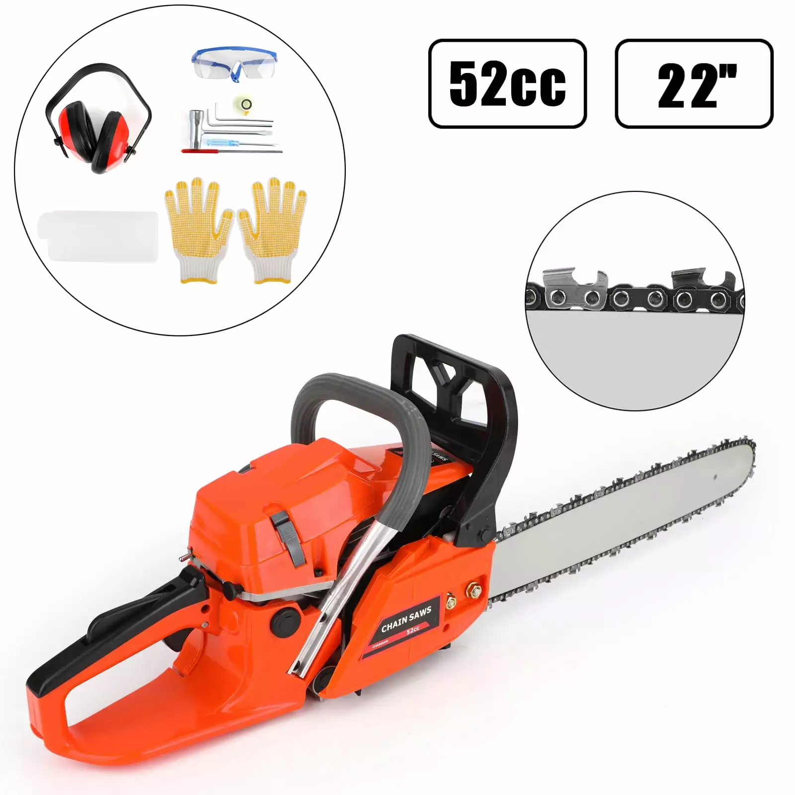 Areyourshop 52cc 22 Chainsaw Cutting Wood Gas Sawing Aluminum Crankcase Chain Saw Orange