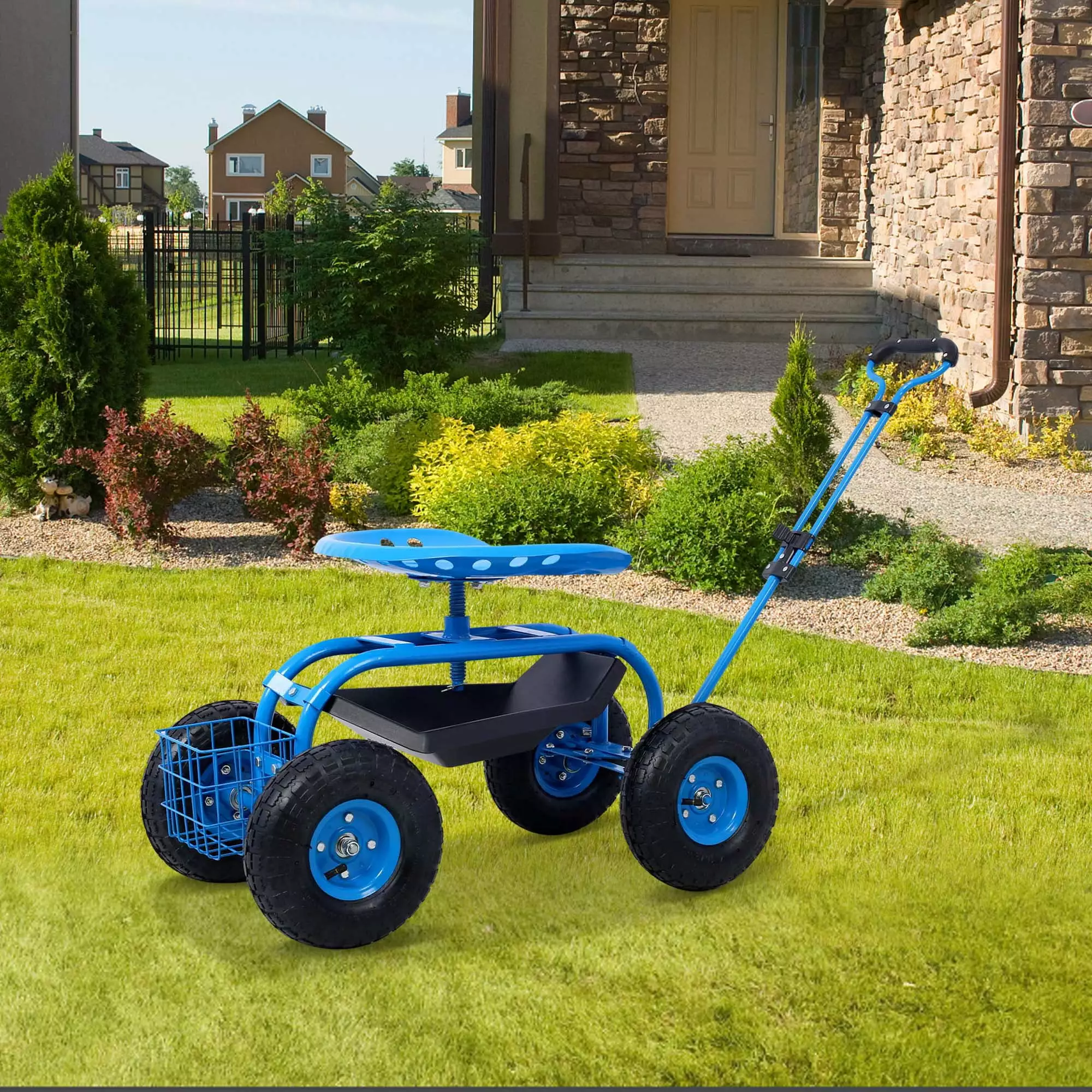 Aukfa Rolling Garden Cart Scooter with Swivel Seat. Wheels. and Tool Tray - Blue