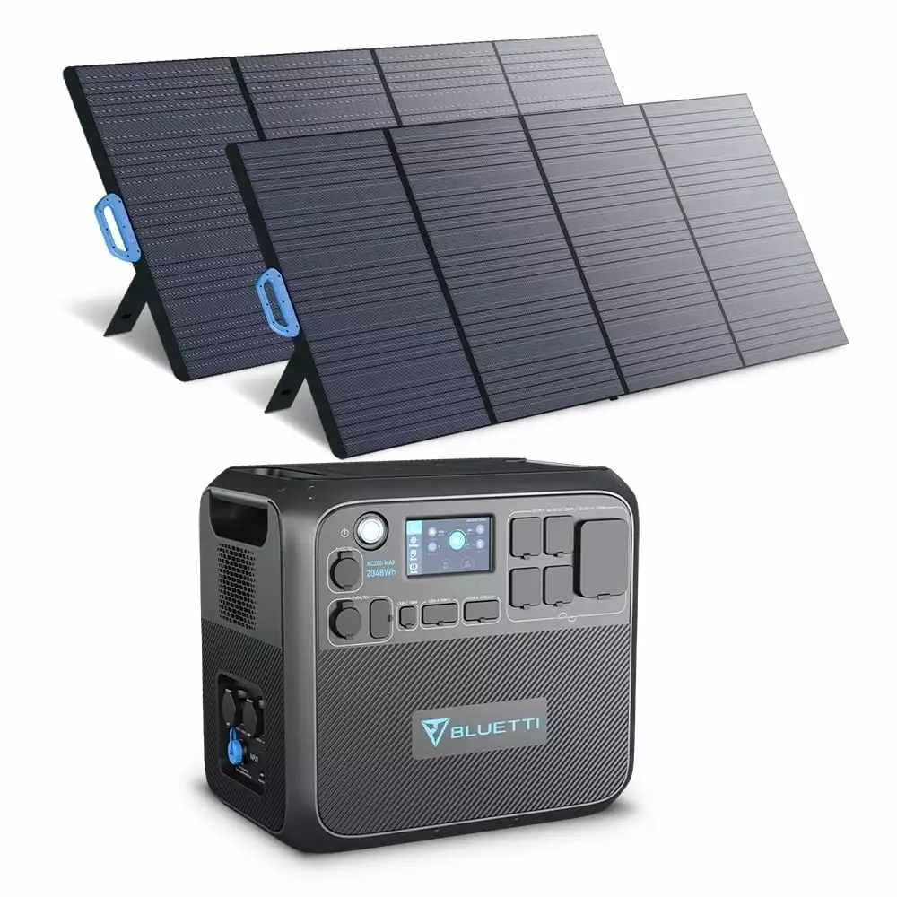BLUETTI Solar Generator AC200MAX with 2 PV350 Solar Panels Included. 2048Wh Travel-friendly Power Station w/ 4 2200W AC Outlets. LiFePO4 Battery Pack Expandable to 8192Wh for Home Use. Road Trip. Emergency