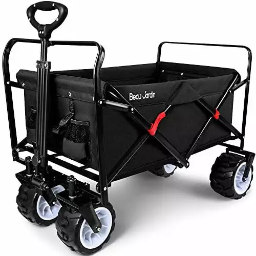 Beau Jardin Folding Wagon Cart 300 Pound Capacity Collapsible Utility Camping Grocery Canvas Sturdy Travel-friendly Rolling Featherweight Outdoor Garden Sport Heavy Duty Shopping Wide All Terrain Wheel Black