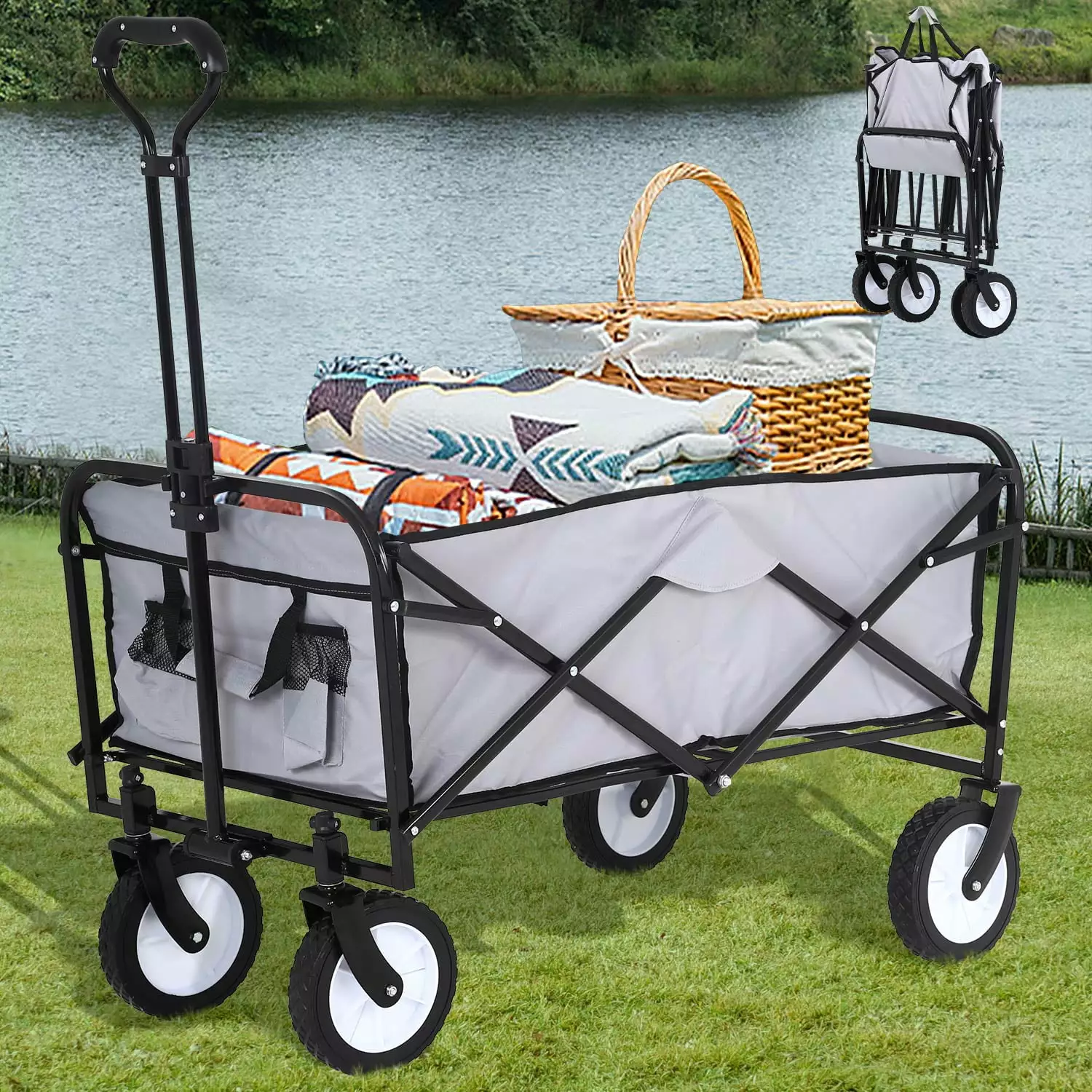 CL.HPAHKL Collapsible Wagon Foldable Wagon Garden Cart Heavy Duty Utility Foldable Wagons Carts with Wheels. Folding Beach Wagon Grocery Wagon for Camping Garden Shopping Sports Outdoor Use.