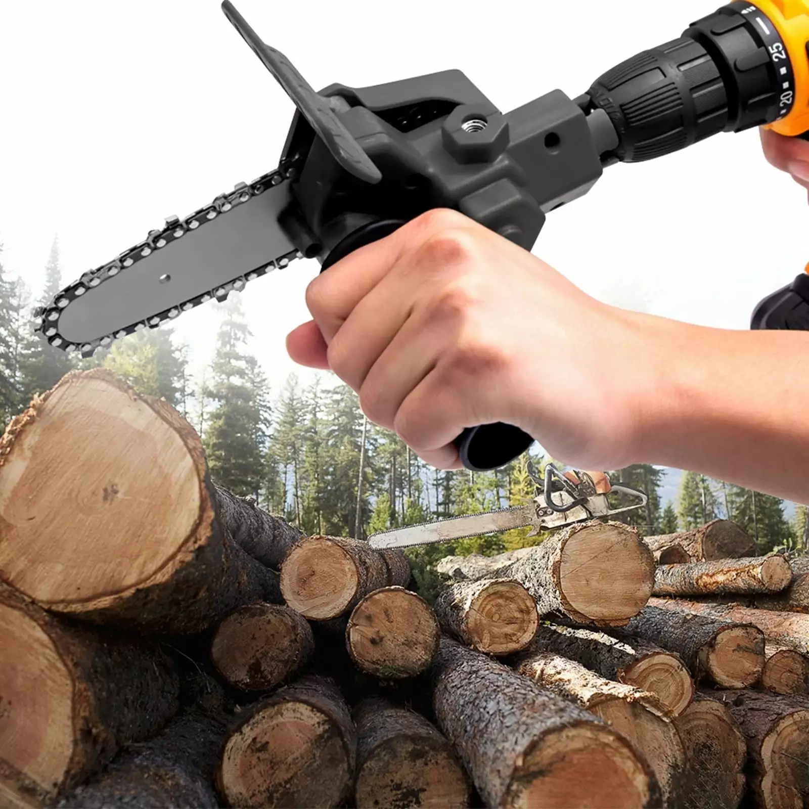 COFEST Multi-Function Electric Drill to Chainsaw Modifyer Set for Wood Cutting & Pruning - Ergonomic Design with ABS & Steel Material. Includes Auxiliary Handle and Tools Black