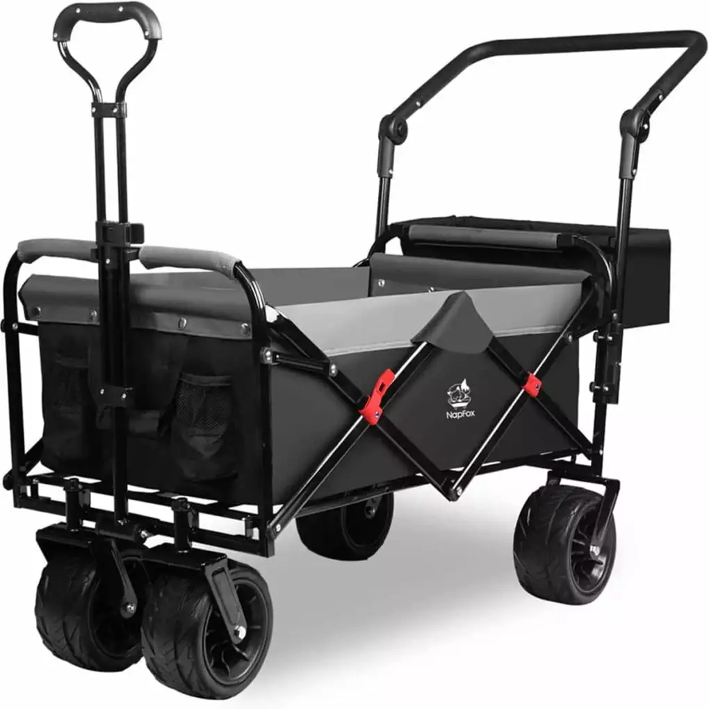 Collapsible Foldable Wagon. Heavy Duty Beach Wagon. 90 L Large Capacity Folding Utility Wagon w/Rear Bag. Garden Cart w/Wheels & Adjustable Handle for Beach Camping Shopping
