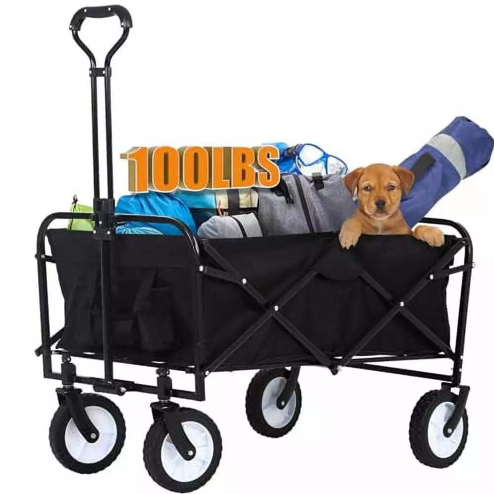 Collapsible Folding Wagon Travel-friendly Beach Wagon Utility Shopping Cart Heavy Duty Garden Cart Lounge Wagon Grocery Cart with Adjustable Handle for Grocery. Garden. Beach. Sport. Shop. Camping. Black