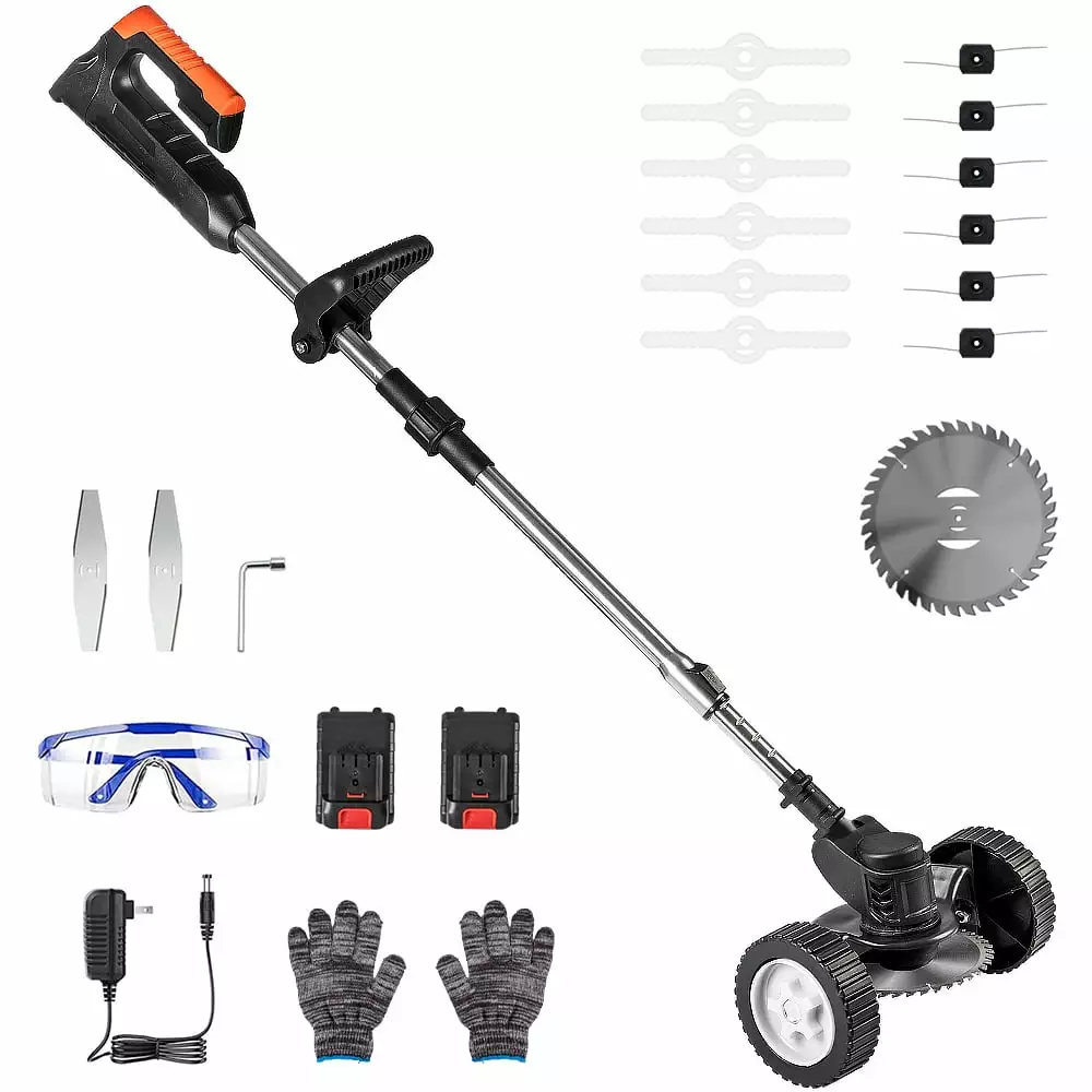 Cordless Electric Lawn Trimmer Weed Wacker - 21V Grass Trimmer Lawn Edger with 2.0Ah Li-Ion Battery Powered and 3 Types Cutting Blade. Tool for Lawn Care and Garden Yard Work