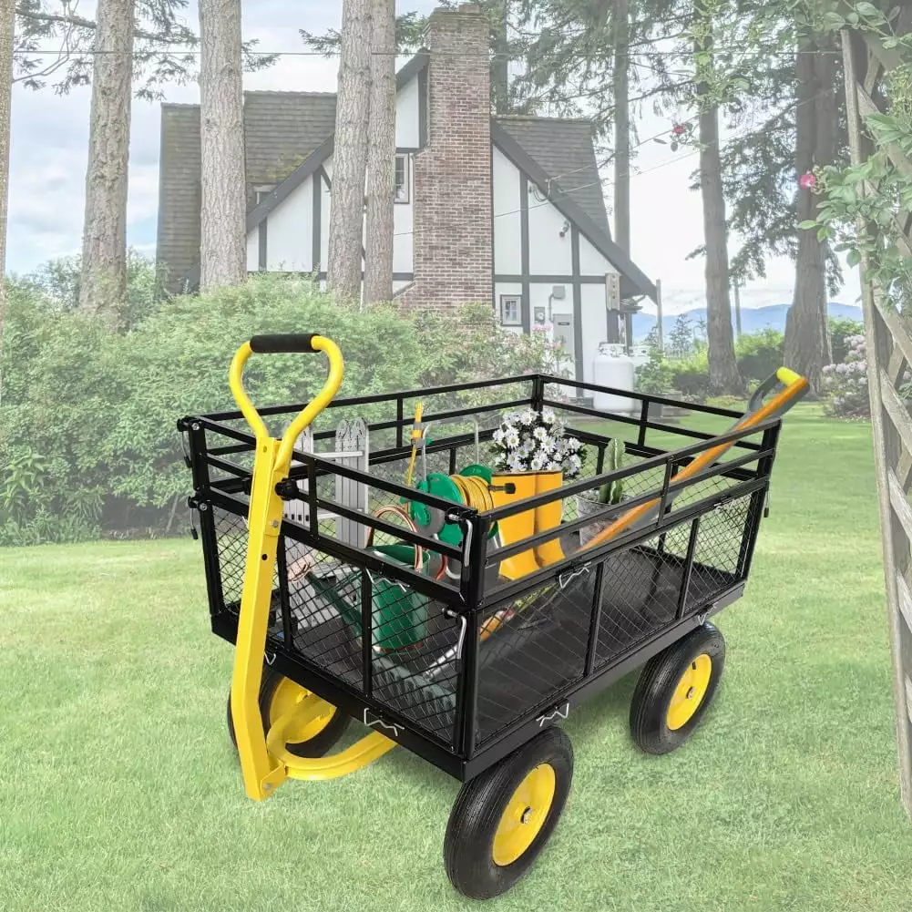 Dina 1400 lbs Heavy Duty Garden Cart Utility Metal Wagon with Removable Mesh Sides and 2-in-1 Handle Steel Cart Convertible to Flatbed with 16-Inch Tires Perfect for Garden Farm Yard