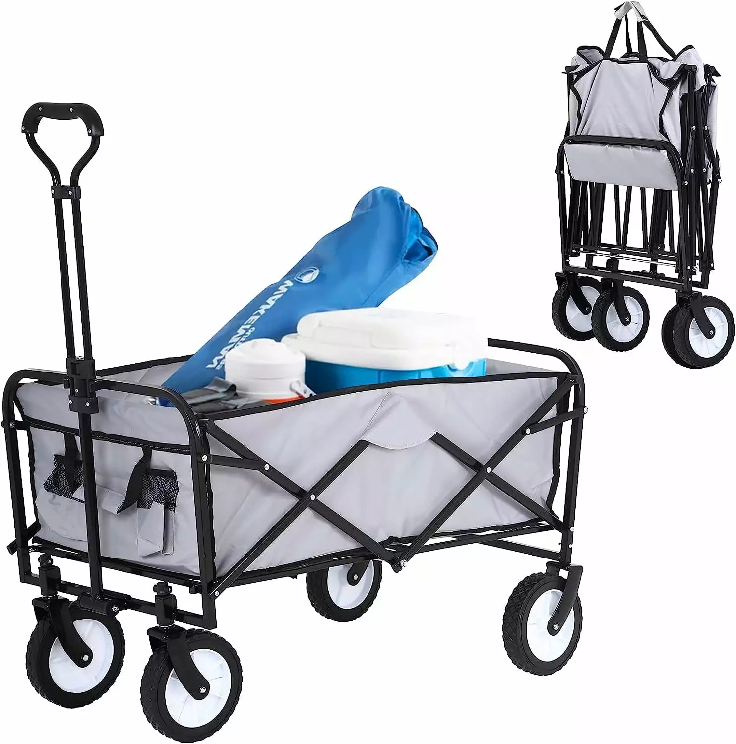 Dkelincs Collapsible Folding Wagon Cart. Travel-friendly Outdoor Garden Wagon Utility Beach Wagon with Side Pocket for Camping Shopping Picnic Grocery Outdoor Activities. Gray