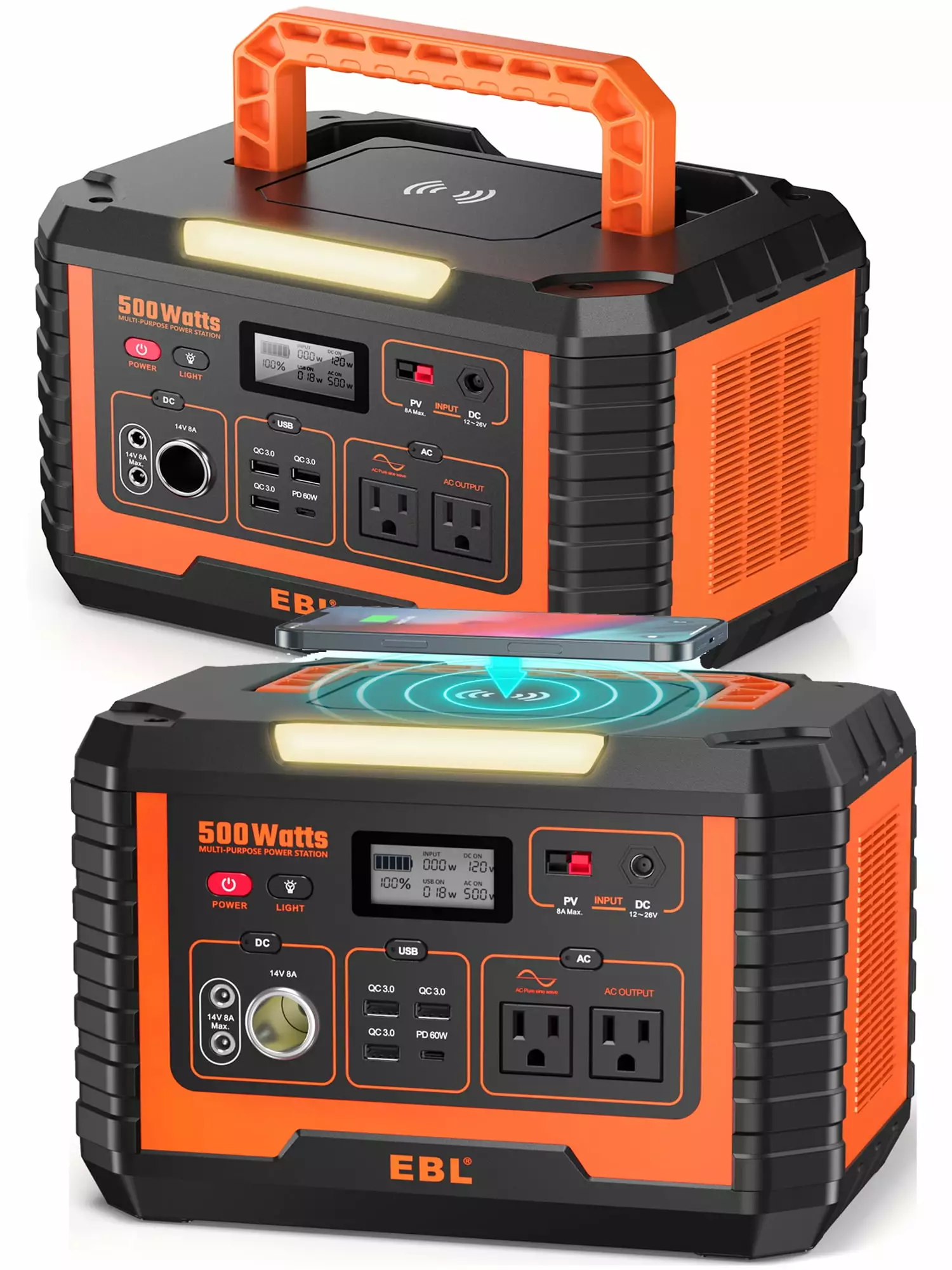 EBL Solar Power Station 500. 110V/500W Travel-friendly Generator (Surge 1000W). 519.4Wh Backup Lithium Battery Charger for Outdoor Camping Home Emergency. 2-Pack