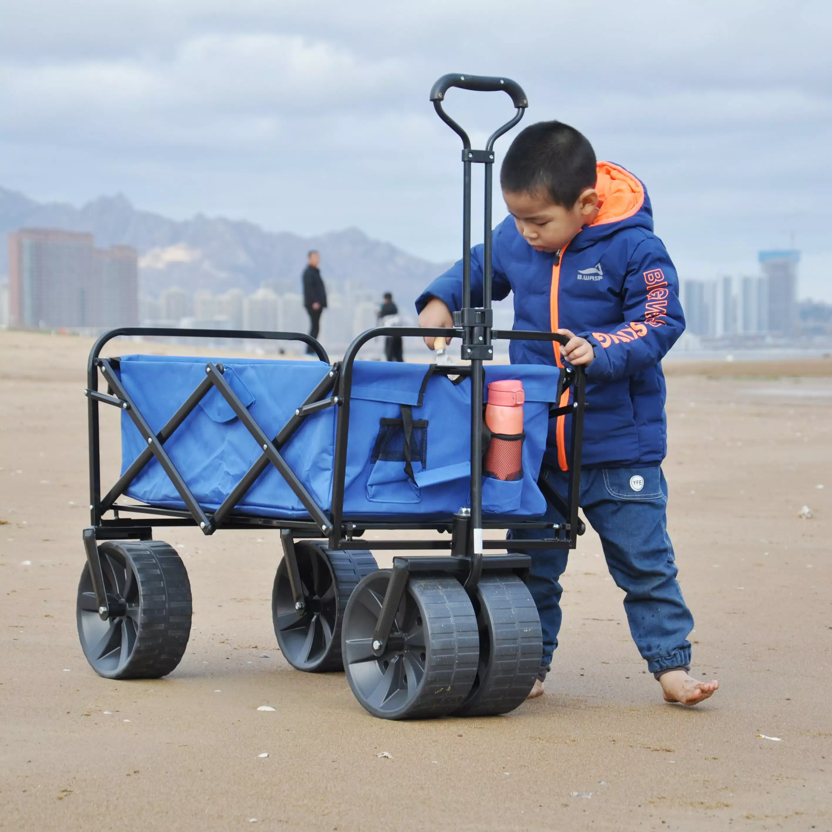 Foldable Travel-friendly Camping Cart. Carrying Weight 150 lbs. Adjustable Handle. Shopping. Beach. Camping.Easy-Adjust Handle for All Terrains.Dark Blue