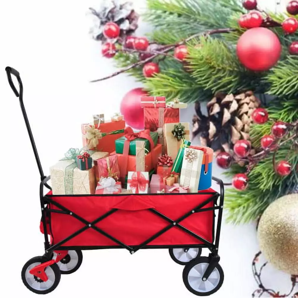 Folding Wagon.Long-lasting Garden Wagon.Collapsible Wagon with 2 Mesh Cup Holders. Adjustable Handle. Heavy Duty Steel Frame Shopping Cart for Garden Shopping Picnic Beach(Red)
