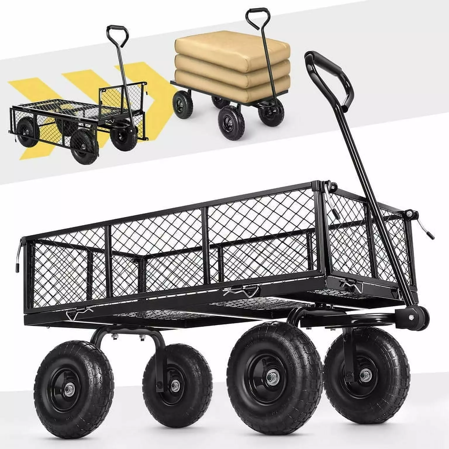 Funcid Steel Garden Cart. Heavy Duty 660 LBS Capacity. with Removable Mesh Sides to Convert into Flatbed. Utility Metal Wagon with 180 Rotating Handle and 10 Tires. Perfect for Garden. Farm. Yard