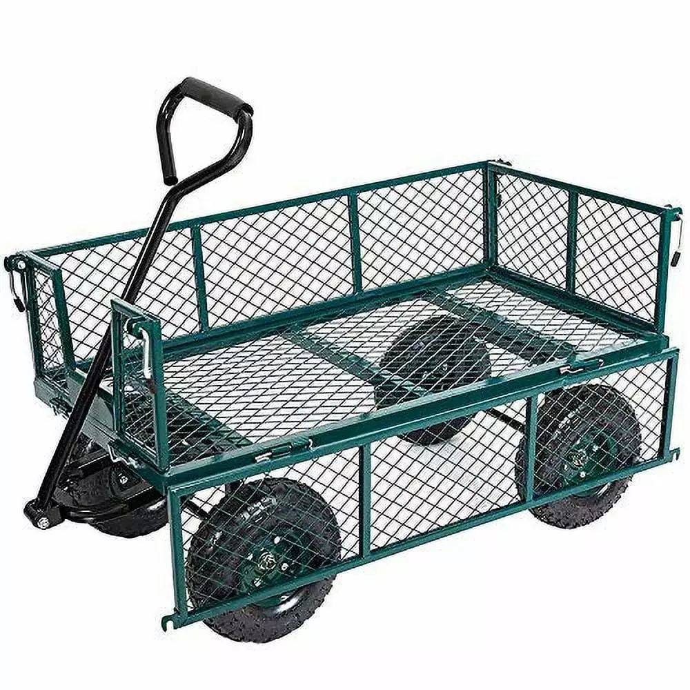 Garden Cart Wagon Heavy Duty 550lb Weight Capacity. Mesh Steel Metal Wagon Cart. Yard Cart with 180 Rotating Handle. Removable Sides. 10 Tires. Green
