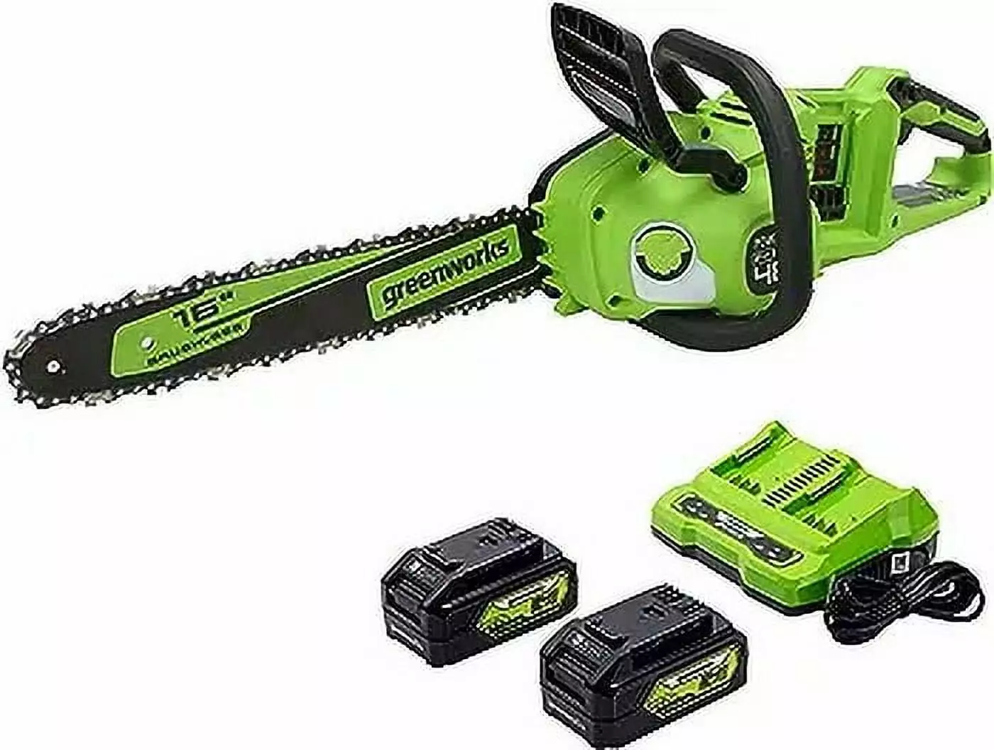 Greenworks 48V (2x24V) 16-inch Brushless Chainsaw with (2) 4Ah USB Batteries and Dual Port Charger. 2018002