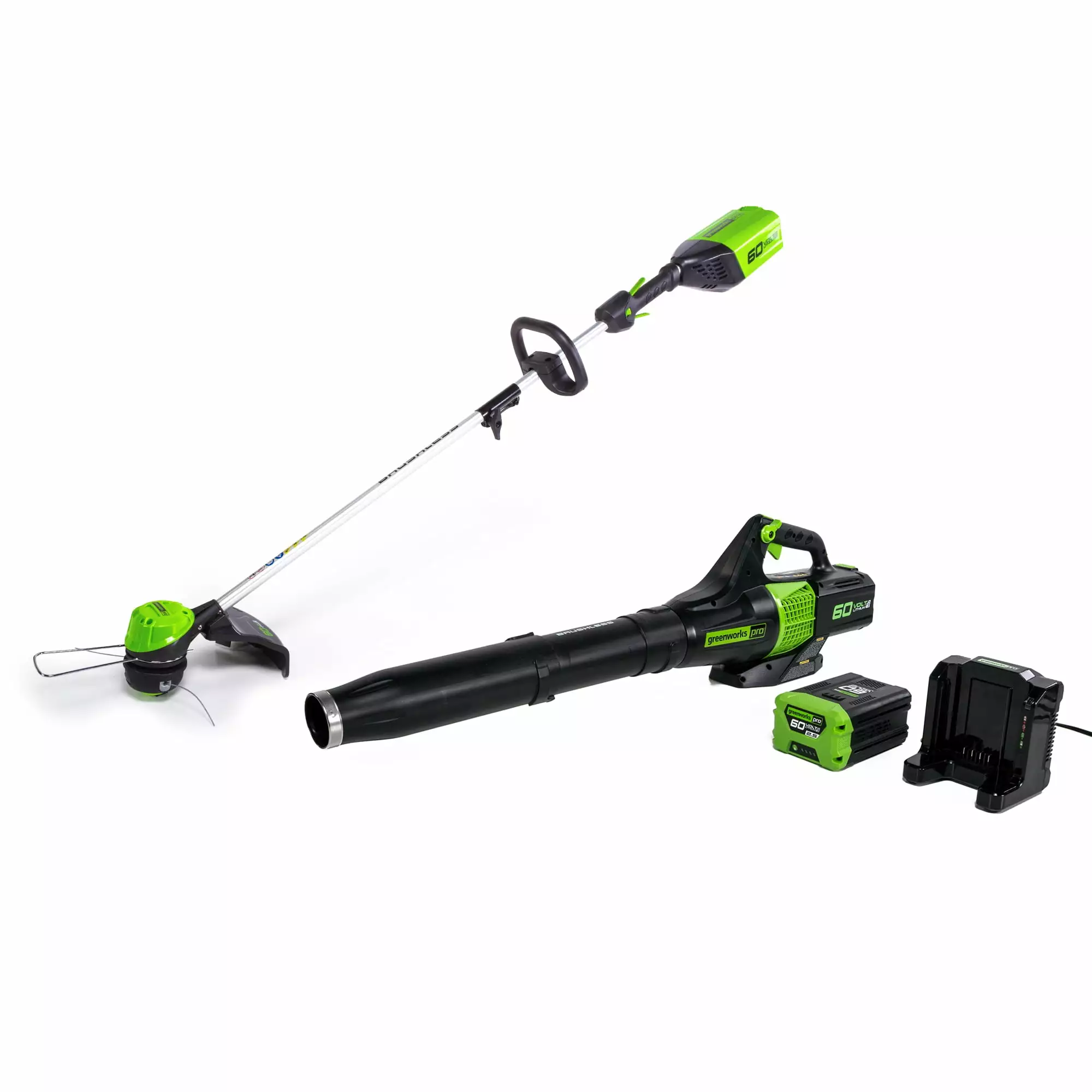 Greenworks 60V Cordless 13 String Trimmer and 125 MPH 450 CFM Leaf Blower Combo Kit. 4Ah Battery & Charger