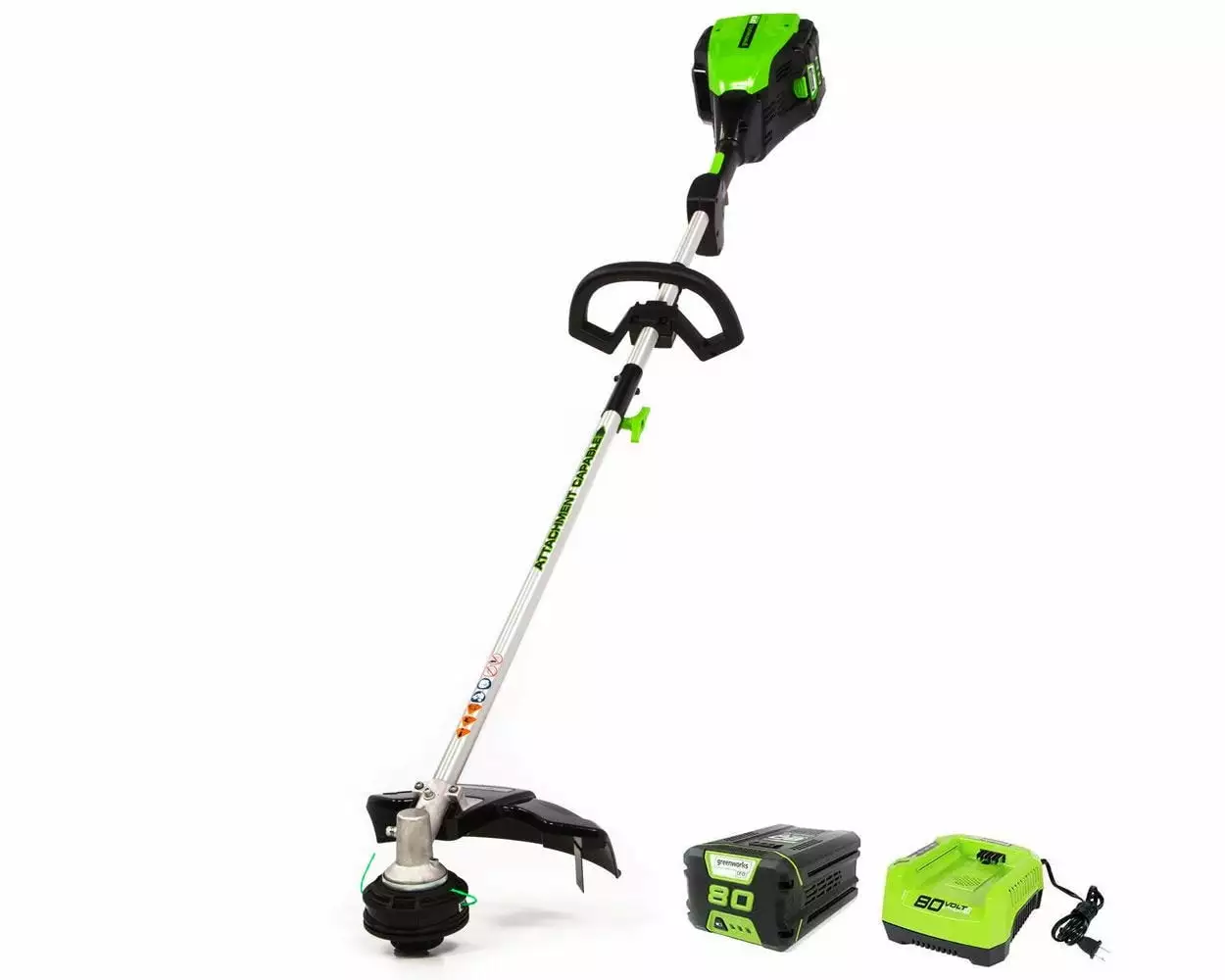 Greenworks 80 Volt 16 inch Brushless Attachment Capable String Trimmer with 2.0 Ah Battery and Charger. 2101102
