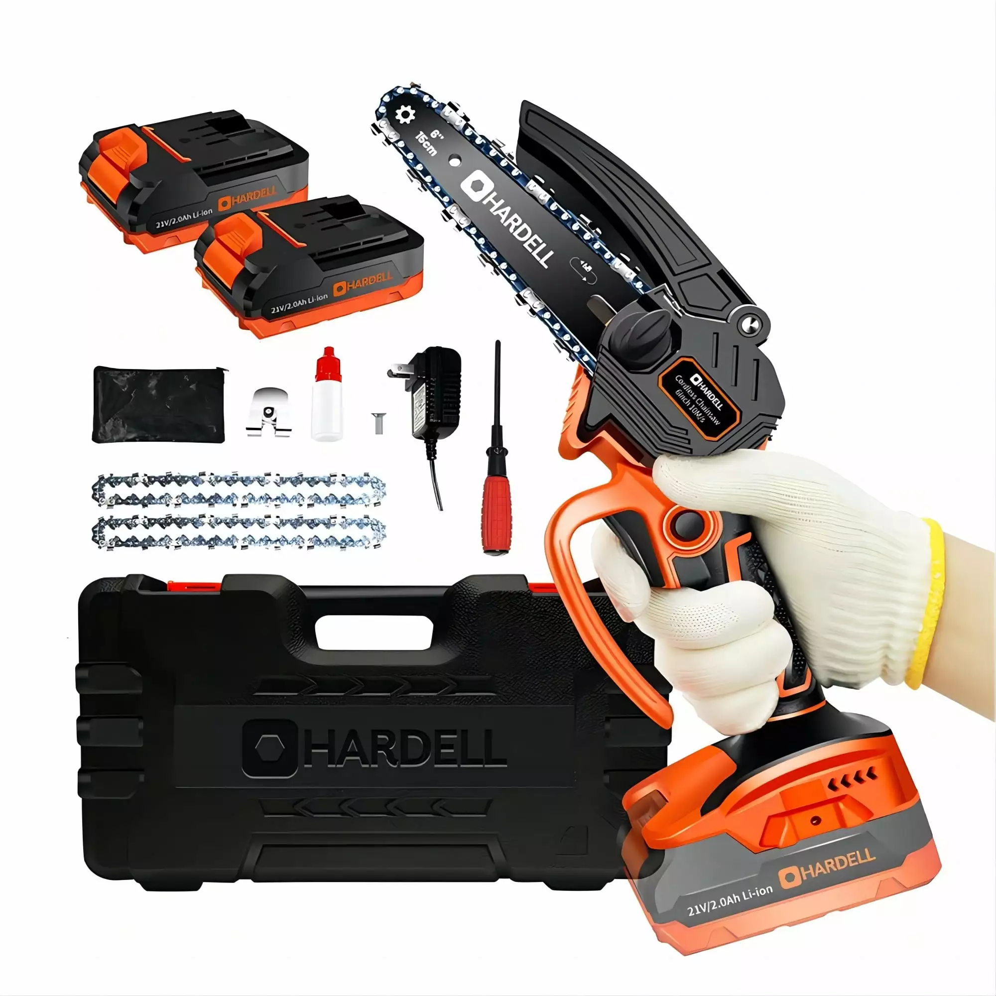 HARDELL Mini Chainsaw 6 Inch Cordless 21V.2 Batteries Rechargeable Chain Saw Electric Chainsaw. Handheld Small Hand Saws With 2 Chains Power Operated for Tree Trimming Graden Prunin