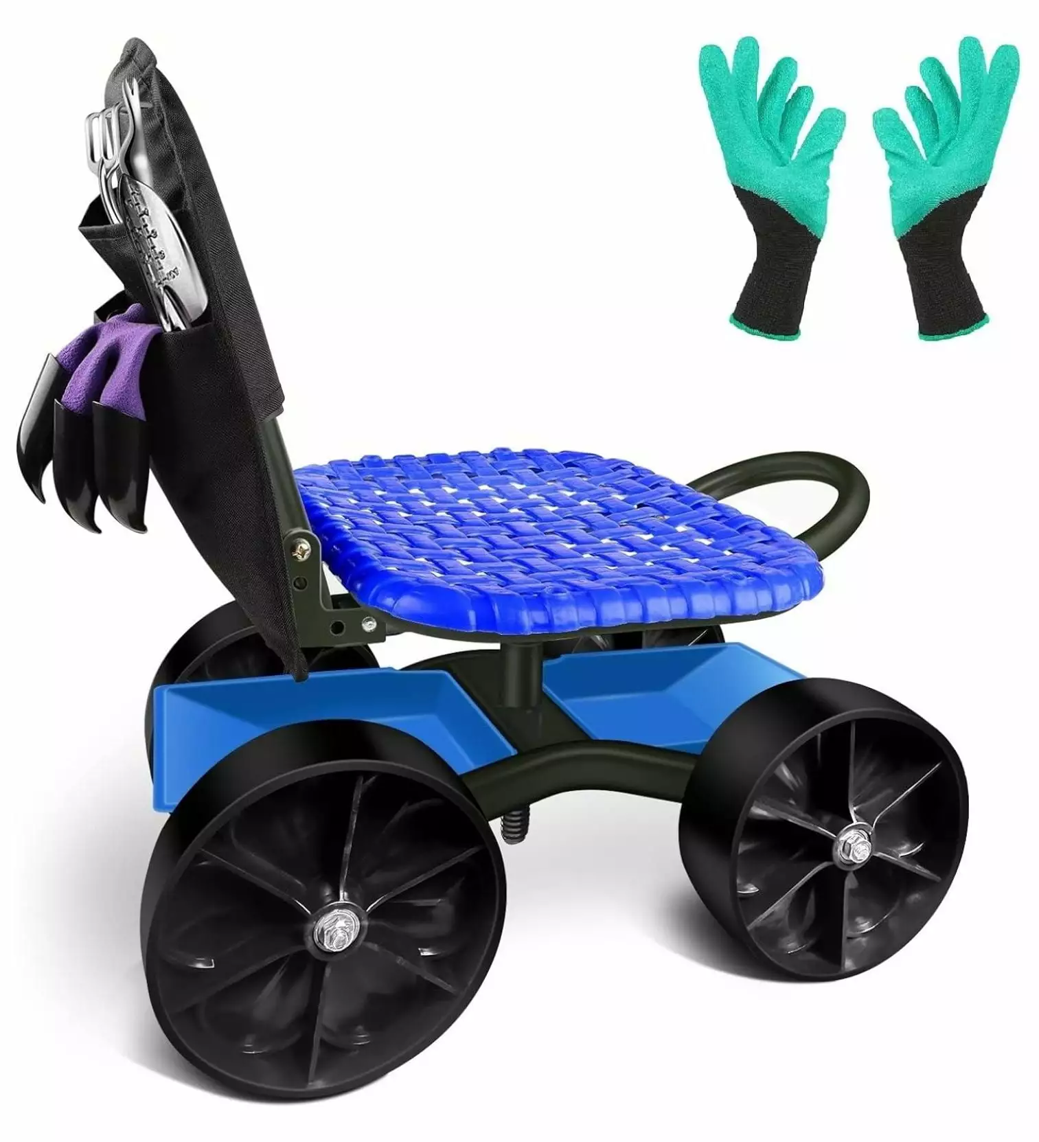 HONGDINGF Garden Cart Rolling Stool Four Wheels with Tool Bag and Two Garden Gloves. Stable Workseat Sturdy Cart Adjustable Seat Height and Direction. Gardening Helper