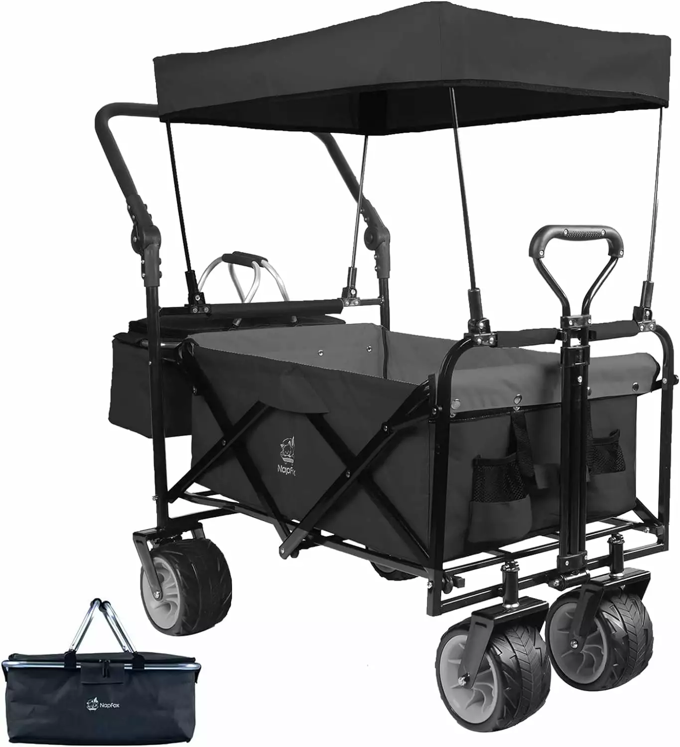 Heavy Duty Collapsible Wagon with Removable Canopy. 4 All Terrain Wheels. Adjustable Handles. Brake. and Cooler Bag - Perfect for Outdoor Beach. Garden. and Utility Needs.