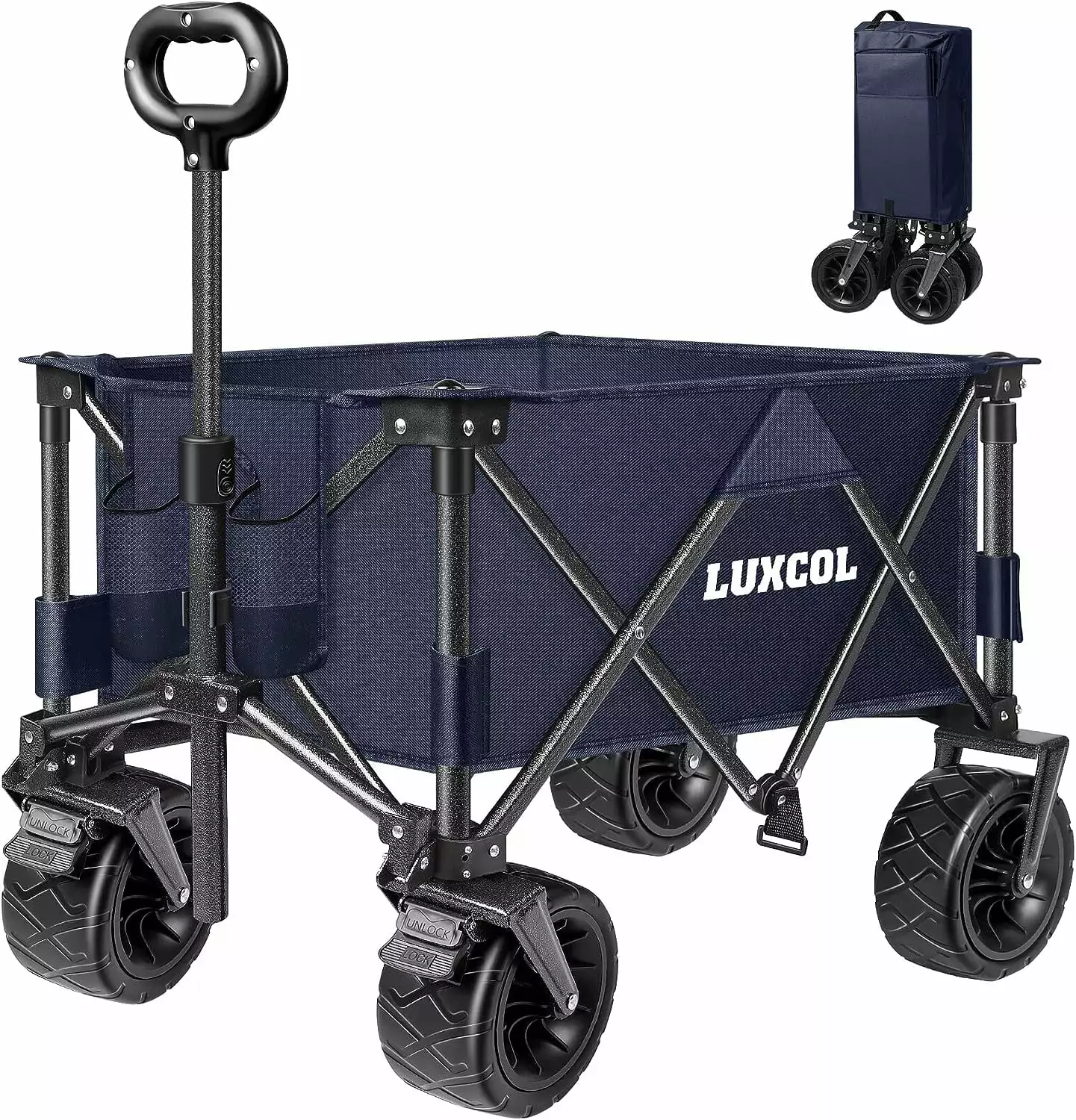 LUXCOL Collapsible Folding Wagon. Heavy Duty Utility Beach Wagon Cart for Sand with Big Wheels. Adjustable Handle&Drink Holders for Shopping. Camping.Garden and Outdoor