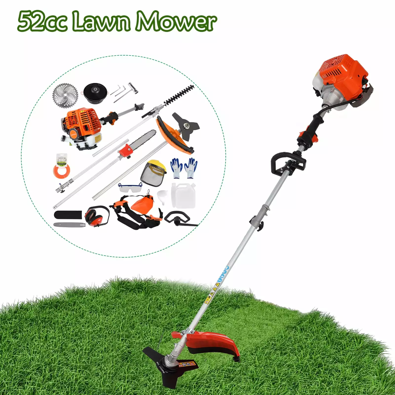 Limorve 52CC Gas Weed Trimmer. 5 in 1 Lawn Mower. Cordless Hedge Trimmer. 2-Stroke Brush Cutter. Handheld Chainsaw Hedge Pruner-Orange