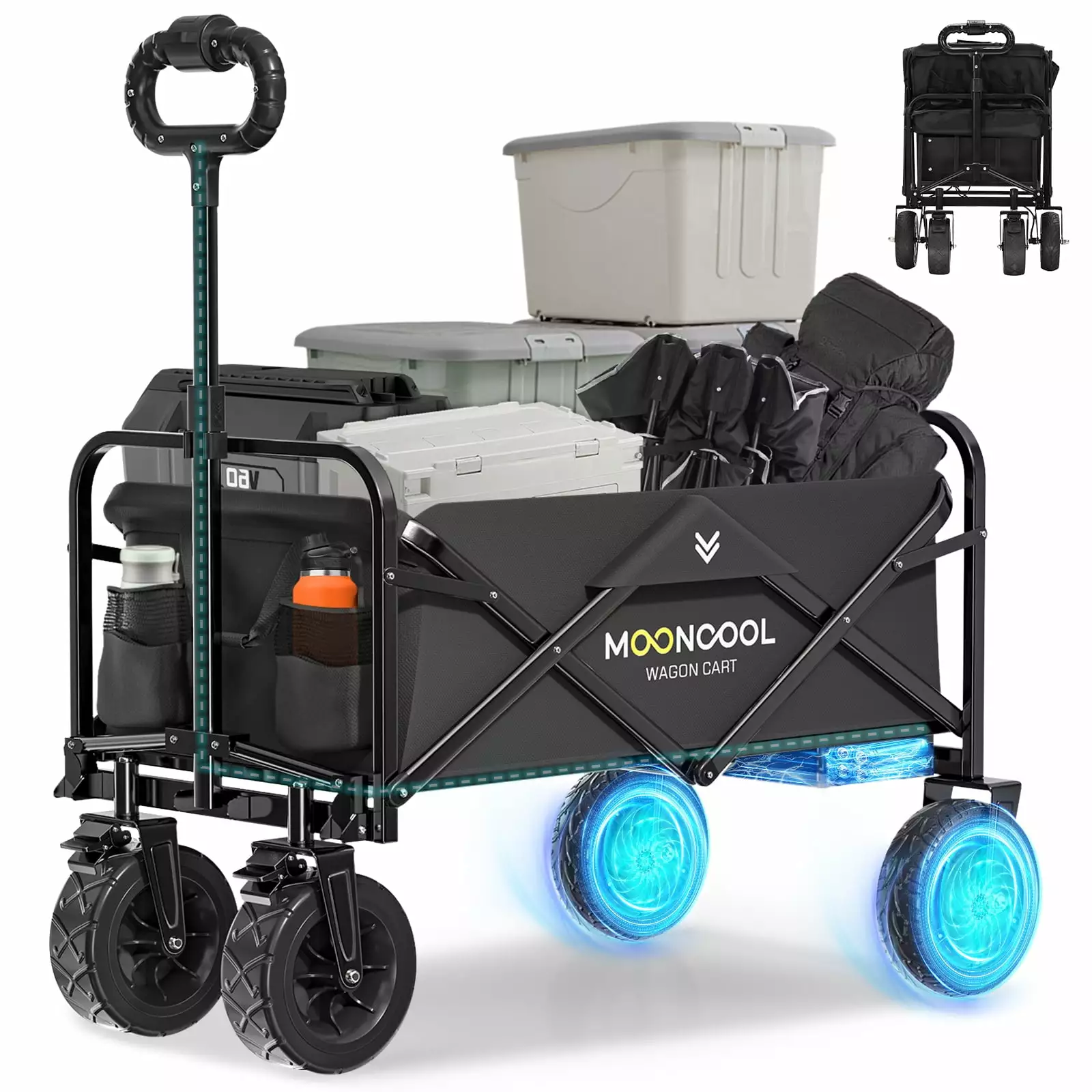 MOPHOTO Electric Utility Wagon with 8 All-Terrain Wheel. Pure Electric Drive Collapsible Wagon for Camping. Garden. Shopping. Grey with Egg Roll Folding Table. Black. Support 220 bls