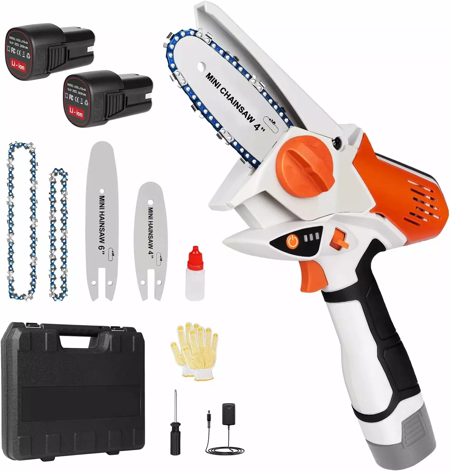 Mini Chainsaw Cordless. 4 inch & 6 inch Electric Small ChainSaw Battery Powered with 2 Batteries and 3 Chains. Travel-friendly Small Handheld Chain Saw with Protectty Lock for Tree Branch Wood Cutting