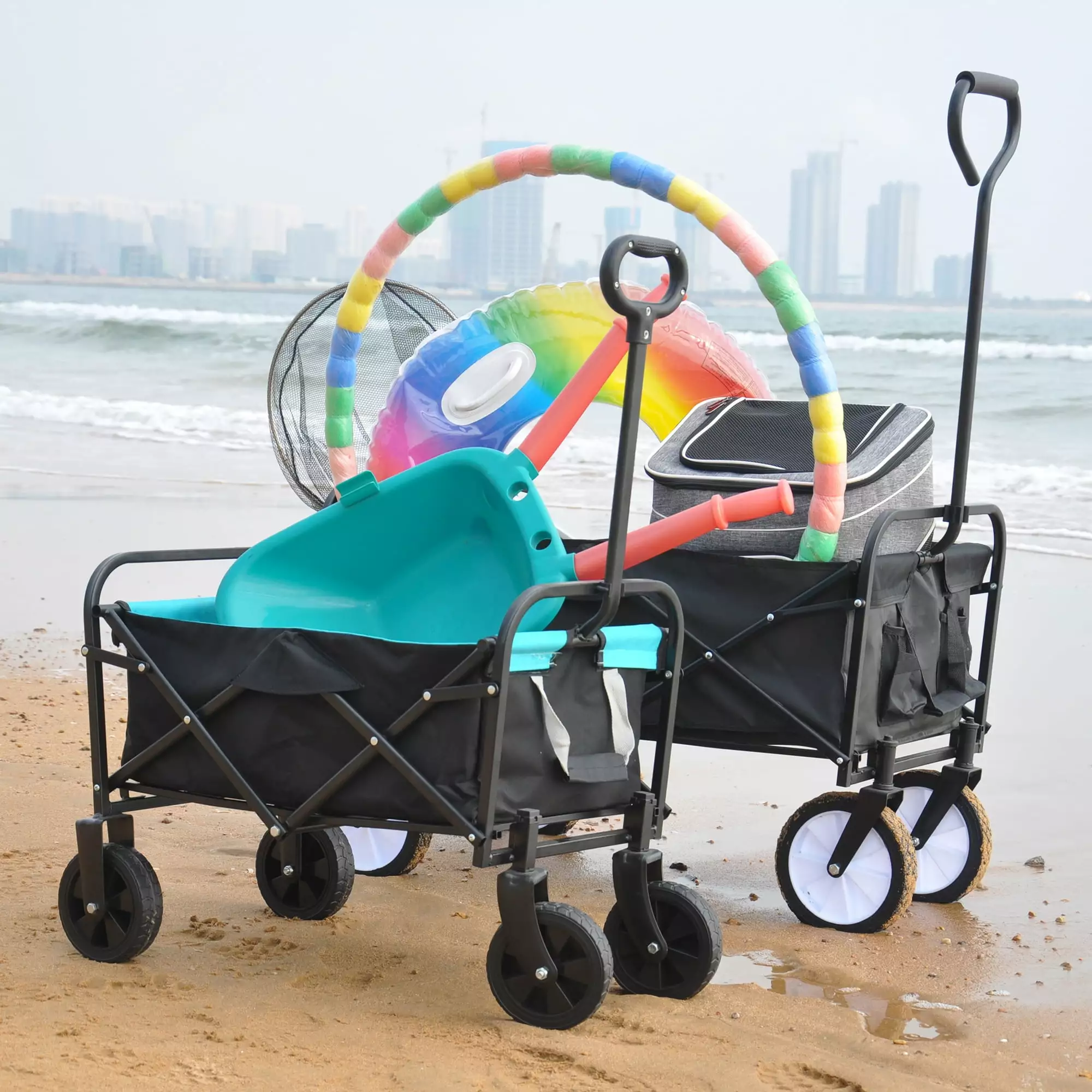 Mini Collapsible Folding Wagon Cart. Heavy Duty Garden Cart with All Terrain Wheels.Travel-friendly Large Capacity Utility Wagon Cart for Camping Fishing Sports Shopping. Black