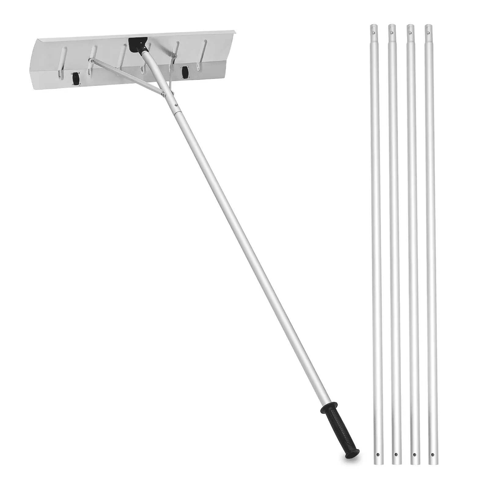 MoNiBloom 20FT Aluminum Snow Roof Rake. Extendable Snow Shovel Adjustable Sectional Snow Removal Tool with Wheels and Anti-Slip Handle for Roof Car. Silver