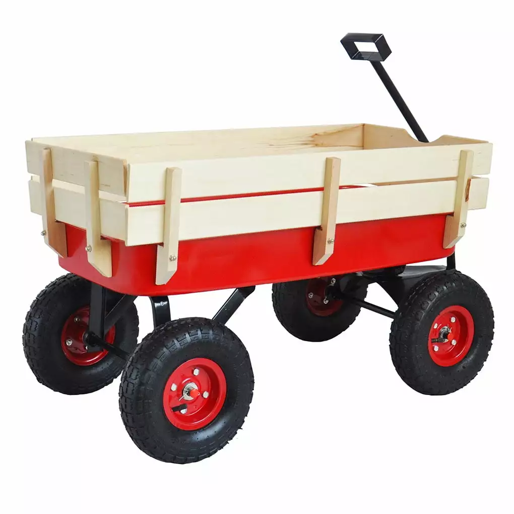 Outdoor Wagon All Terrain Pulling with Wood Railing Air Tires Children Kid Garden Wagon Red