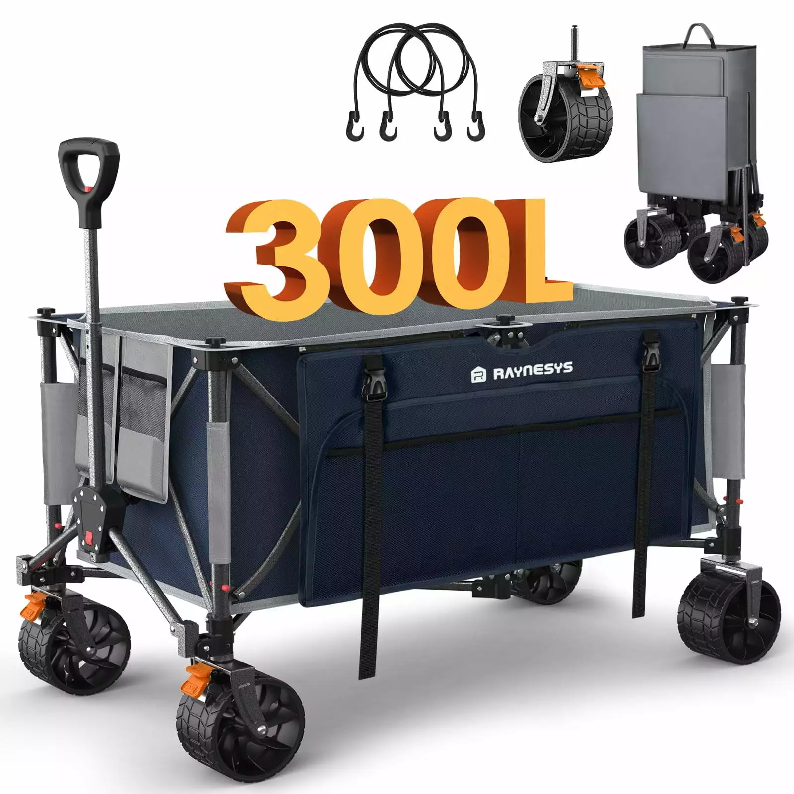 Raynesys Heavy Duty Collapsible Wagon Cart. 440lbs 300L Garden Cart with Wheels Foldable.Foldable Beach Wagon Cart for Sports Beach Grocery Camping Yard Trolley. Blue/Gray
