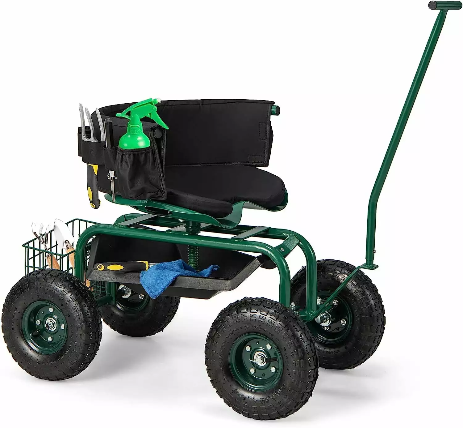 Rolling Garden Cart. Garden Scooter with Seat & Tool Storage. 2 Steering Handles. Gardening Helper with Wheels. Adjustable Height & 360 Degree Swivel Seat. Outdoor Gardening Workseat. Green