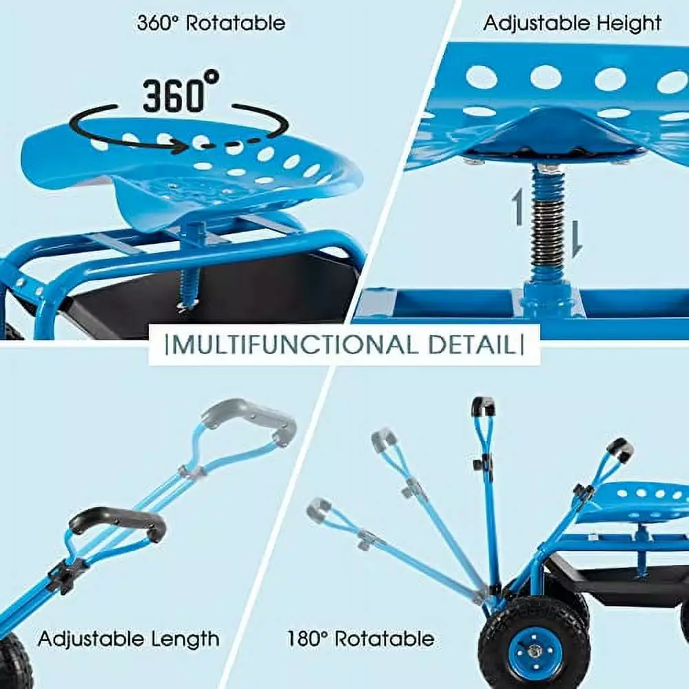 Rolling Garden Tool Cart with Seat Heavy Duty Scooter with Handle and Storage for Seniors Garden Cart on Wheel.Blue