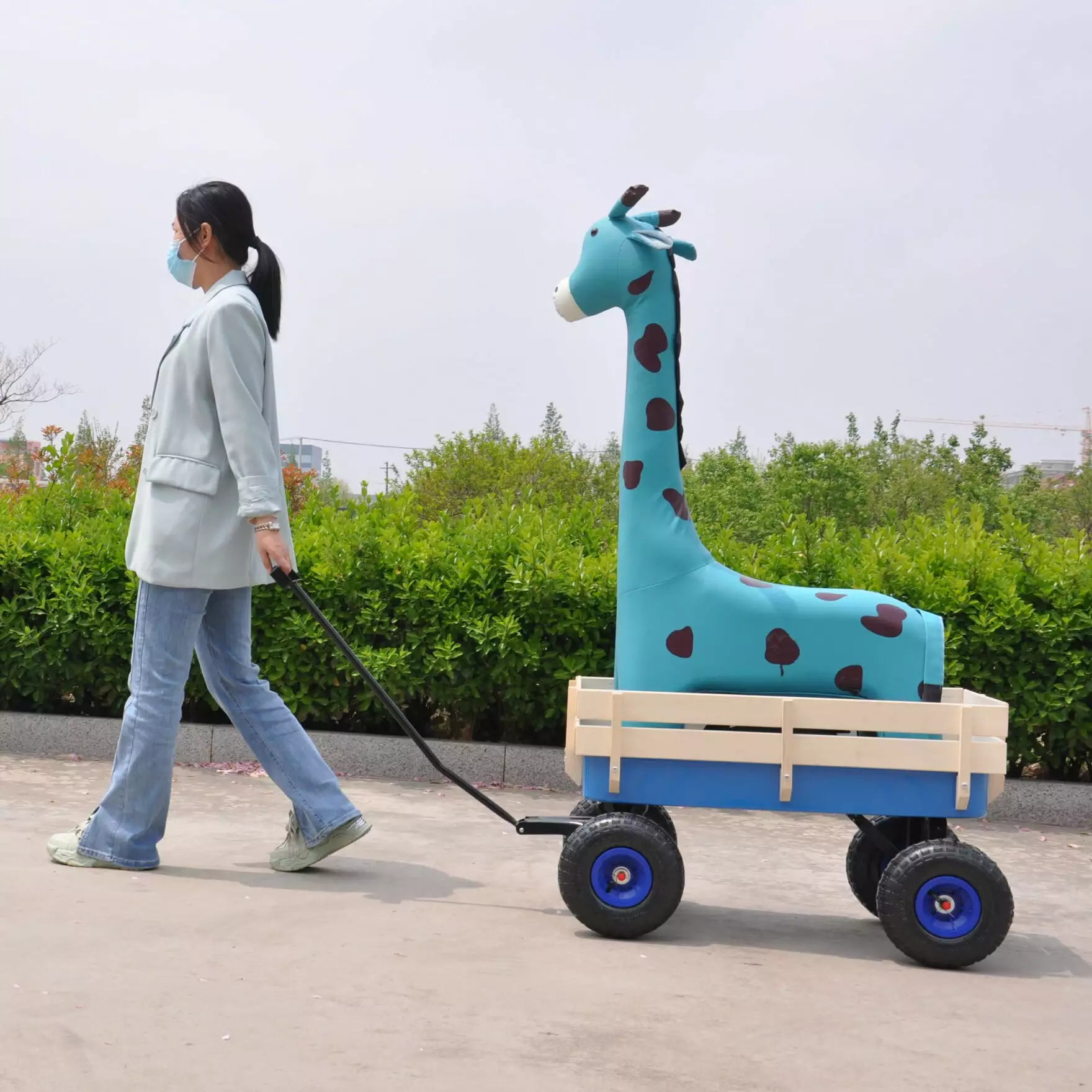 Steel Wagon Cart for All Terrain. Utility Wagon with Wood Rail and Air Tires. Garden Cart for Yard. Farm. Park. 176 LBS Weight Capacity. Blue