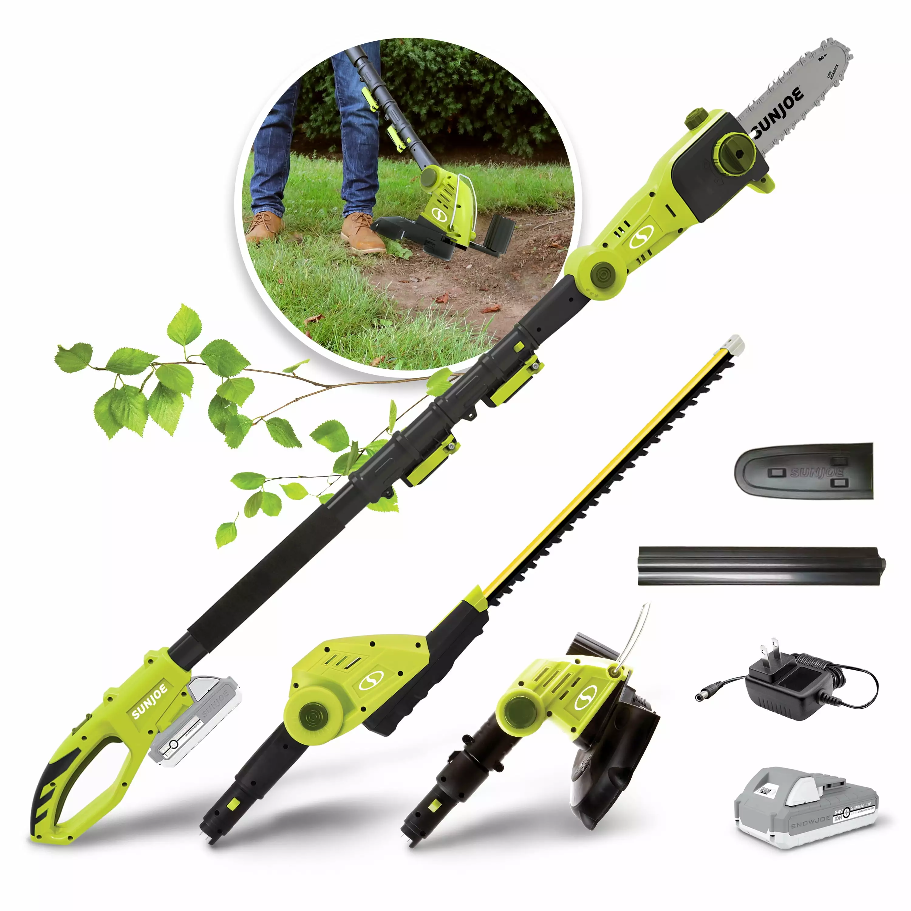 Sun Joe 24V Cordless 3-in-1 Hedge Trimmer + Pole Saw + Grass Trimmer. 2.0-Ah Battery & Charger