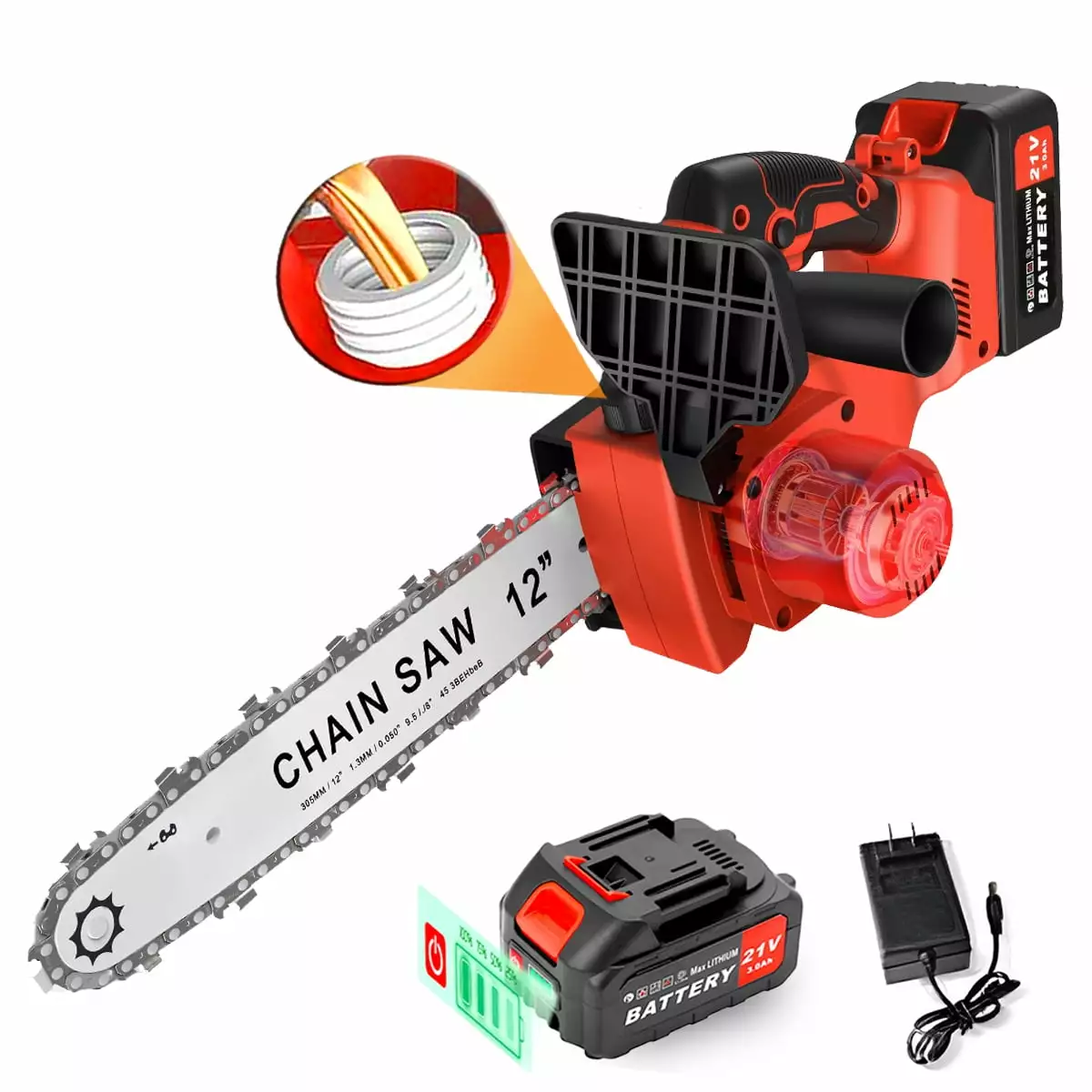 Tanbaby 12 Cordless Chainsaw. 900W Brushless Motor Battery Operated Chain Saw with 21V Rechargeable 3.0Ah Battery and Charger for Wood Cutting. Tree Trimming