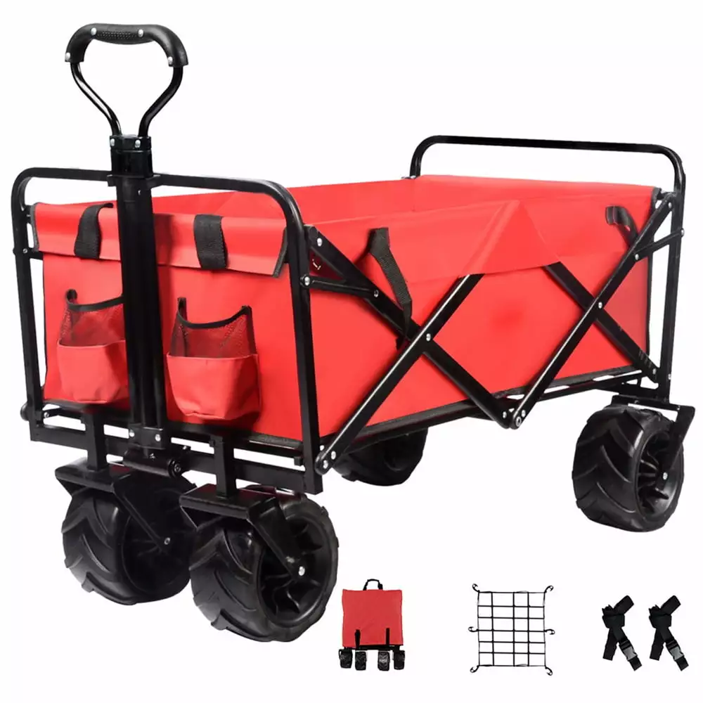 Tcbosik Heavy Duty Folding Beach Wagon. Outdoor Foldable Utility Camping Cart with Universal Wheels and Adjustable Handle. 220lbs Capacity. Red