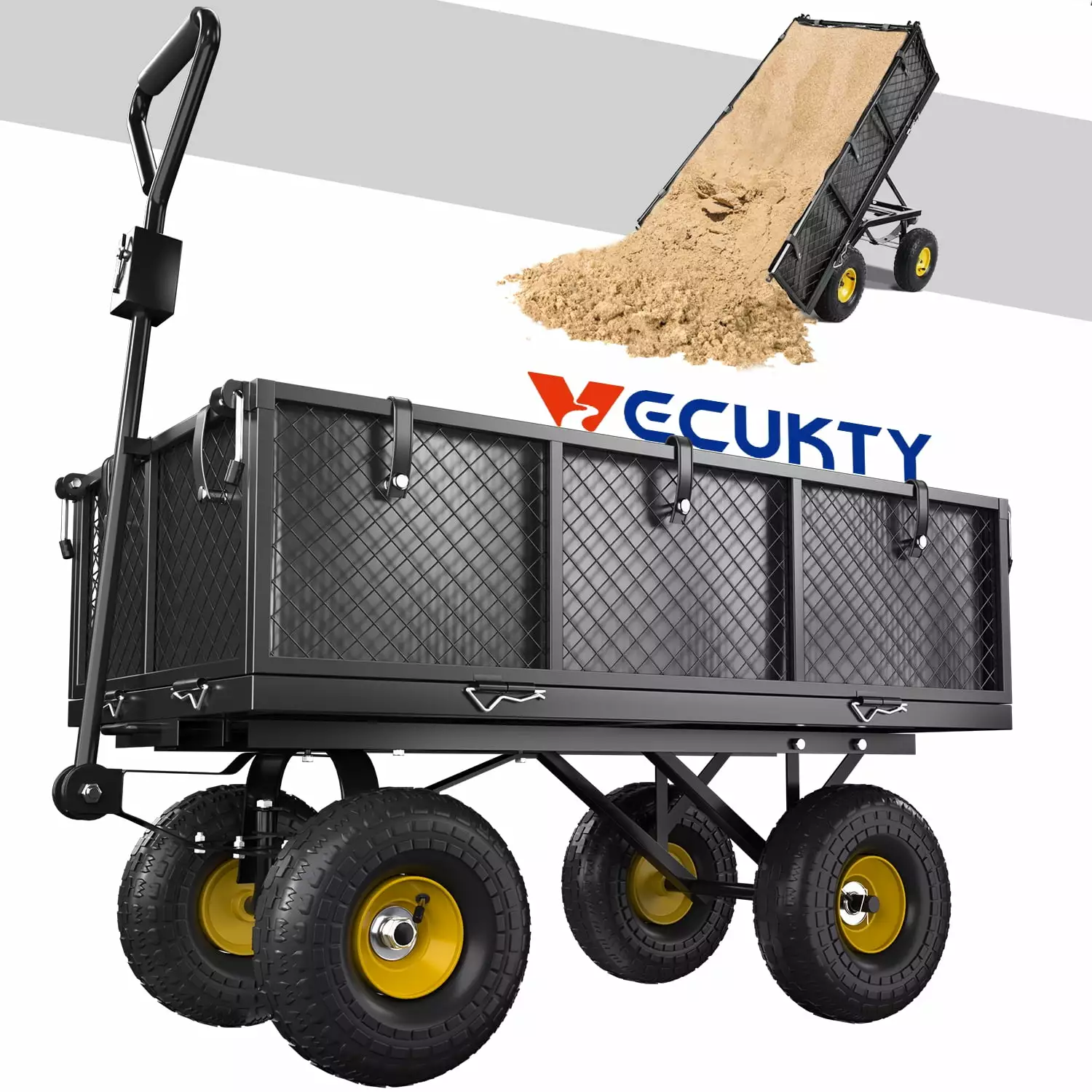 VECUKTY Heavy Duty Steel Dump Garden Cart with Liner. 600lbs 3 Cu ft 10 Wheel. Black