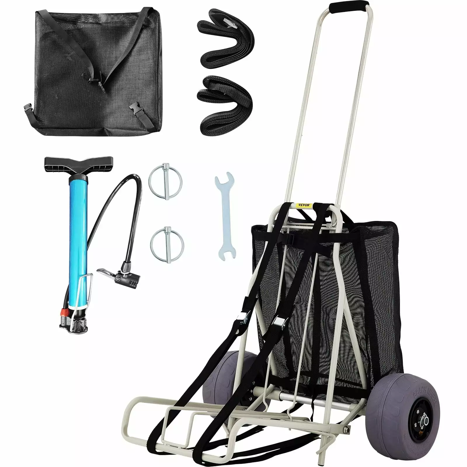 VEVOR Beach Carts for Sand Cargo Deck TPU Balloon Wheels 165LBS Loading Folding Sand Cart Adjustable Height Silver