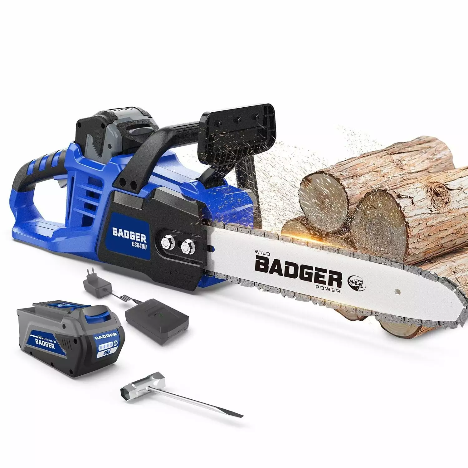 WILD BADGER POWER Electric Chainsaw Cordless 40V 16 Brushless . 4.0 Ah Battery and Charger