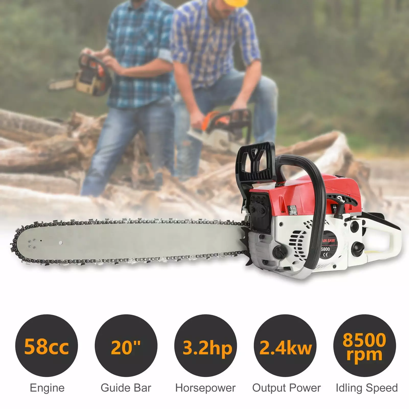 zhikuangxia Gas Chainsaw High Power .20 In 58CC 2.4kw 13000r .Multifunction. Handheld High-Power Logging Saw.for Wood Cutting